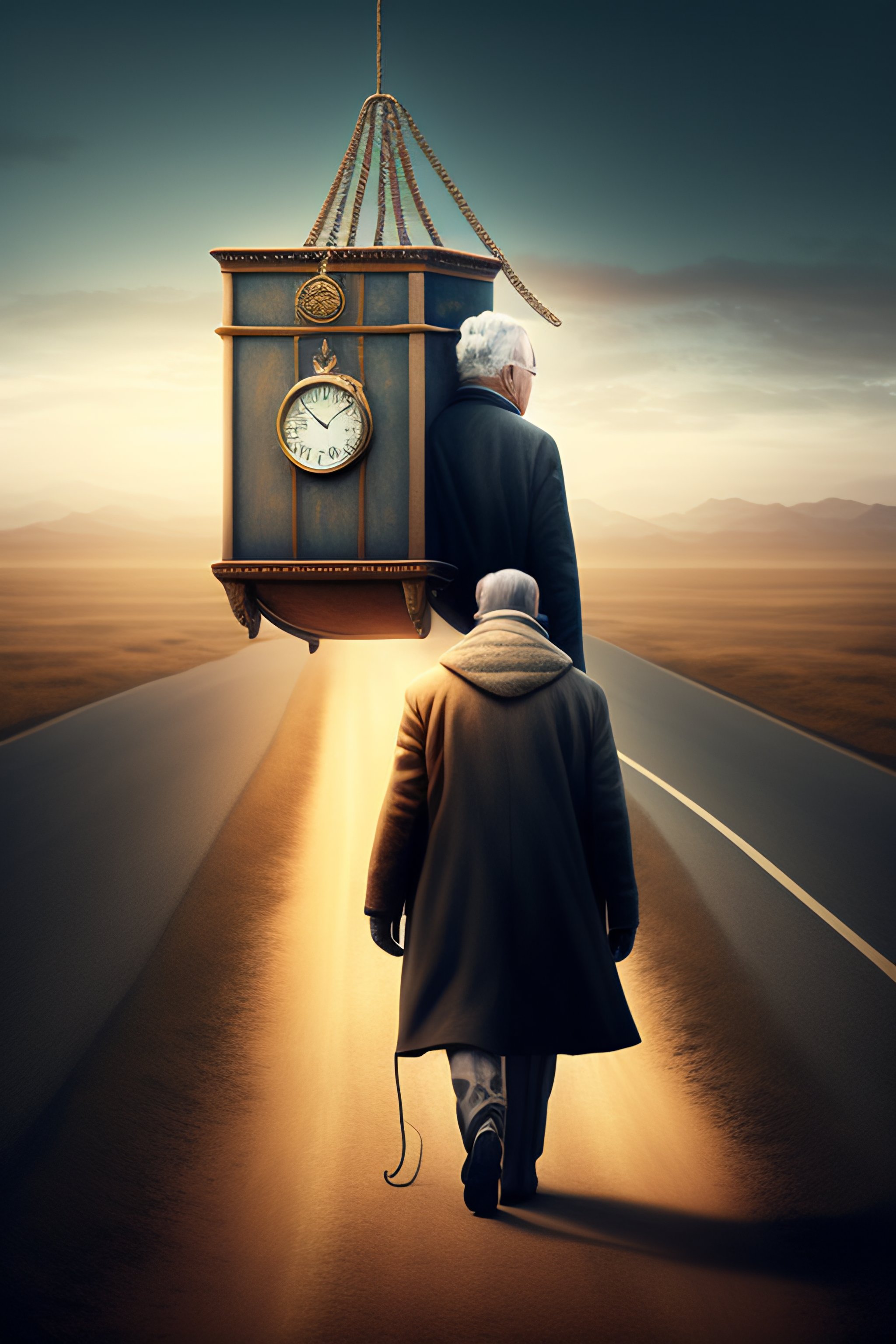 Lexica - Old man carrying a time machine on his head. with rope tied ...