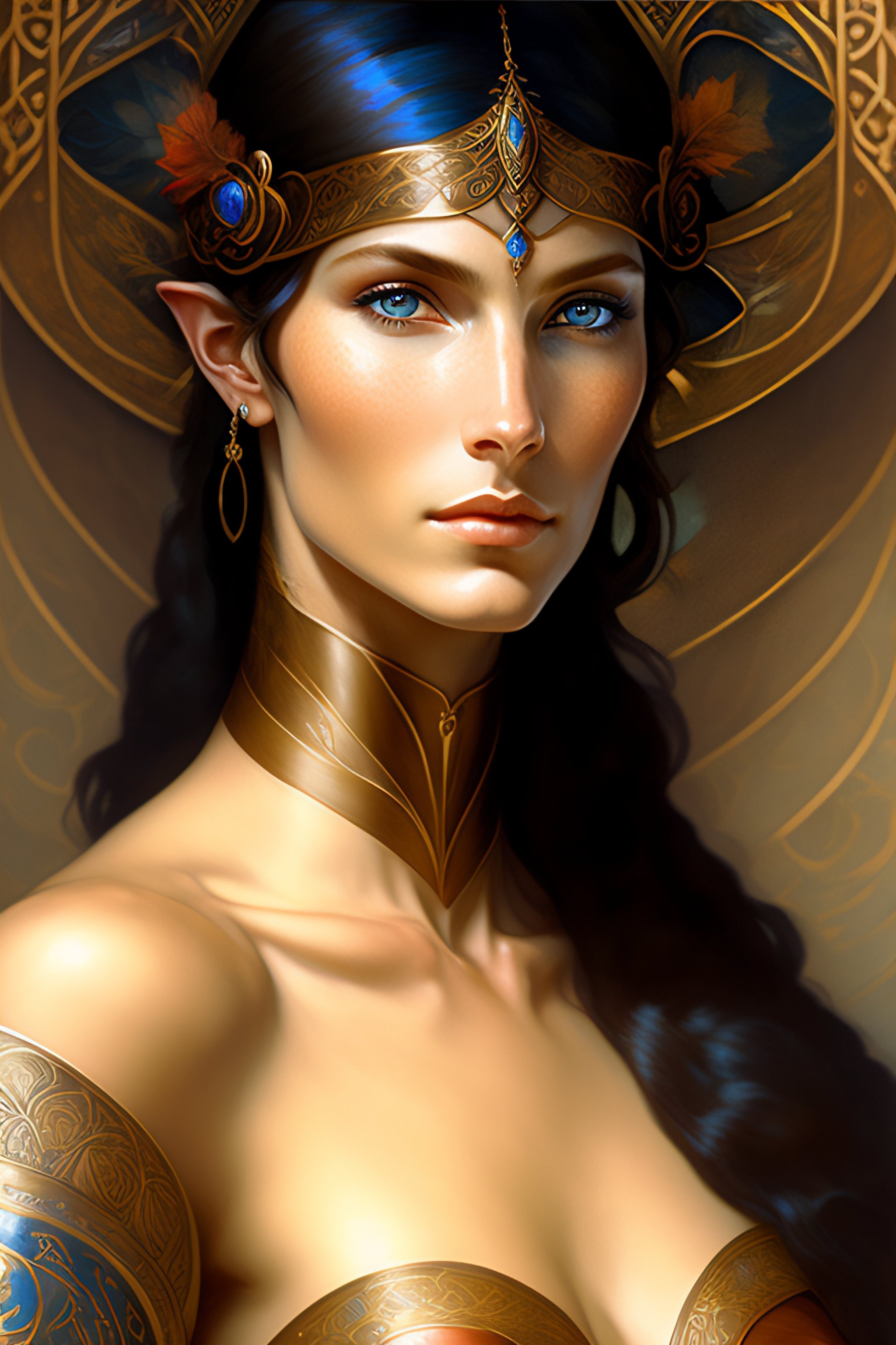 Lexica - Portrait of a woman elf with tan brown skin, blue eyes, dark ...