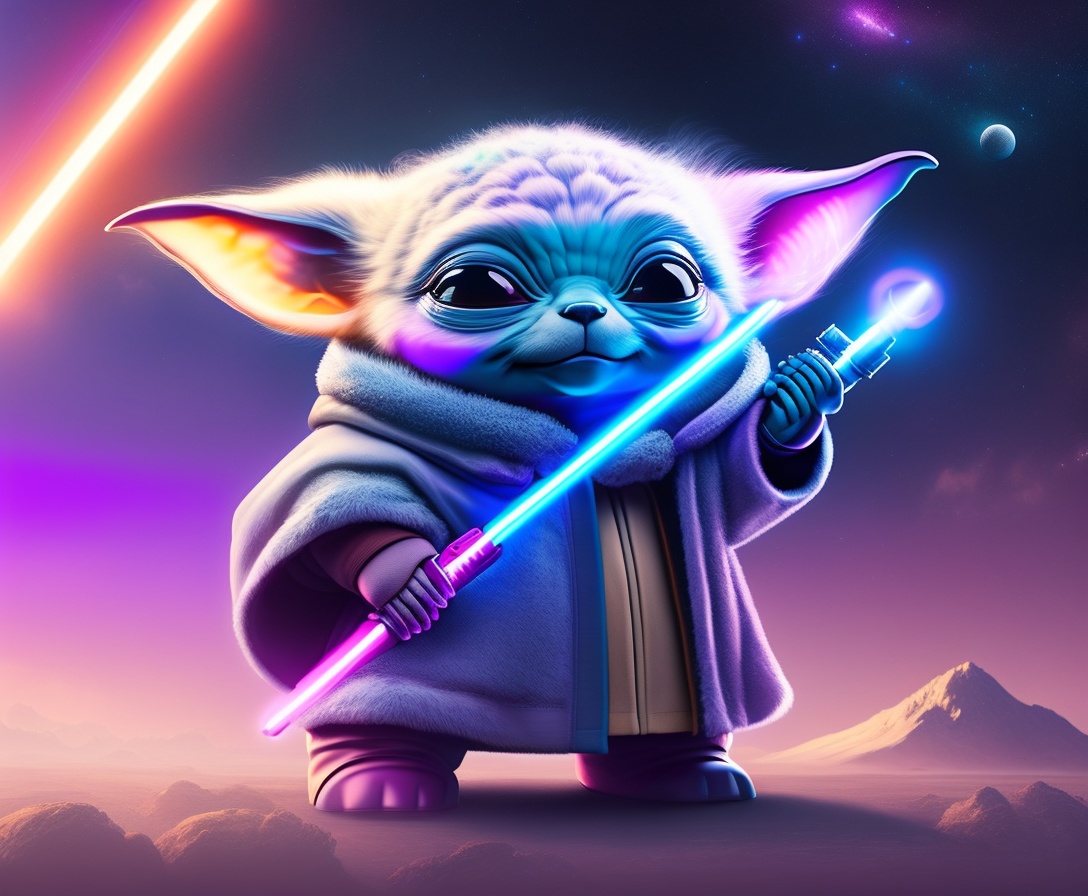 Lexica - Baby yoda, hold lightsaber, neon, purple and blue, 4k