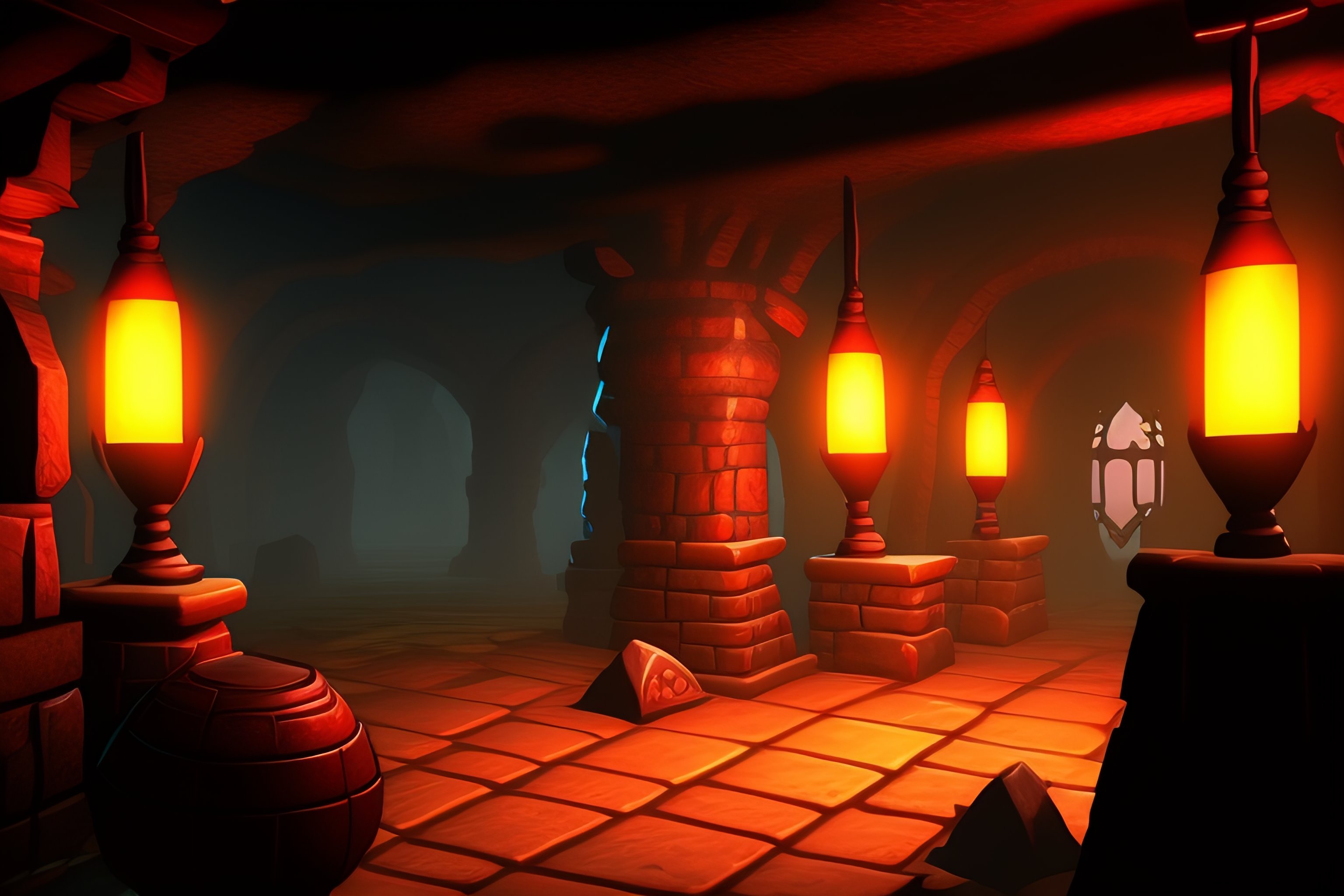 Lexica - Generate an image of a dimly-lit, epic and evil cartoony scene ...