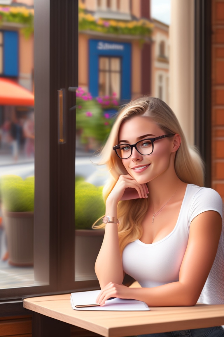 Lexica - Hot Swedish girl studying at a cafe, wearing glasses with shorts