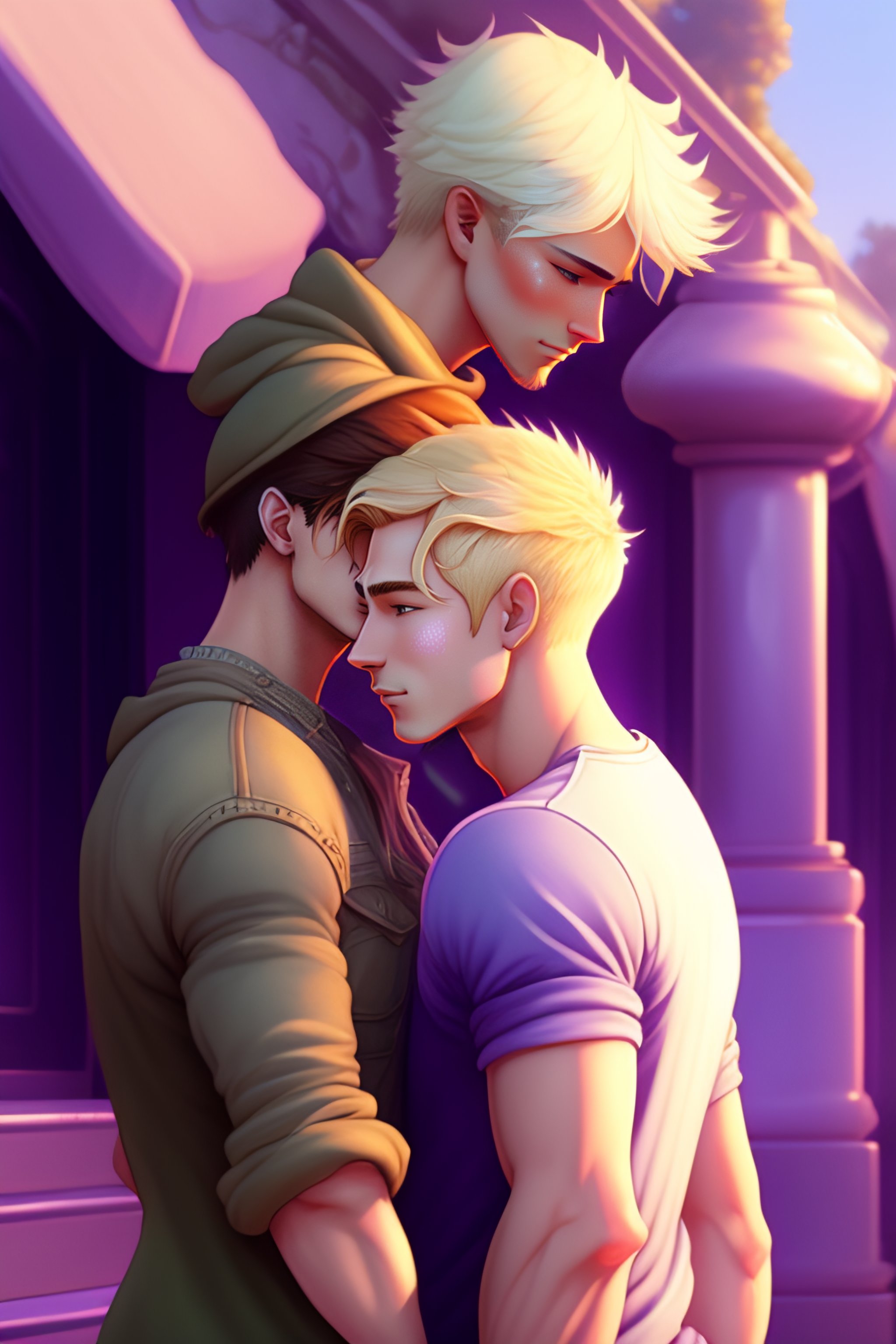 Lexica - Young man with short blonde hair kissing his boyfriend,  cell-shaded, casual clothes wearing jeans but no top, plain purple t-shirt,  standing...