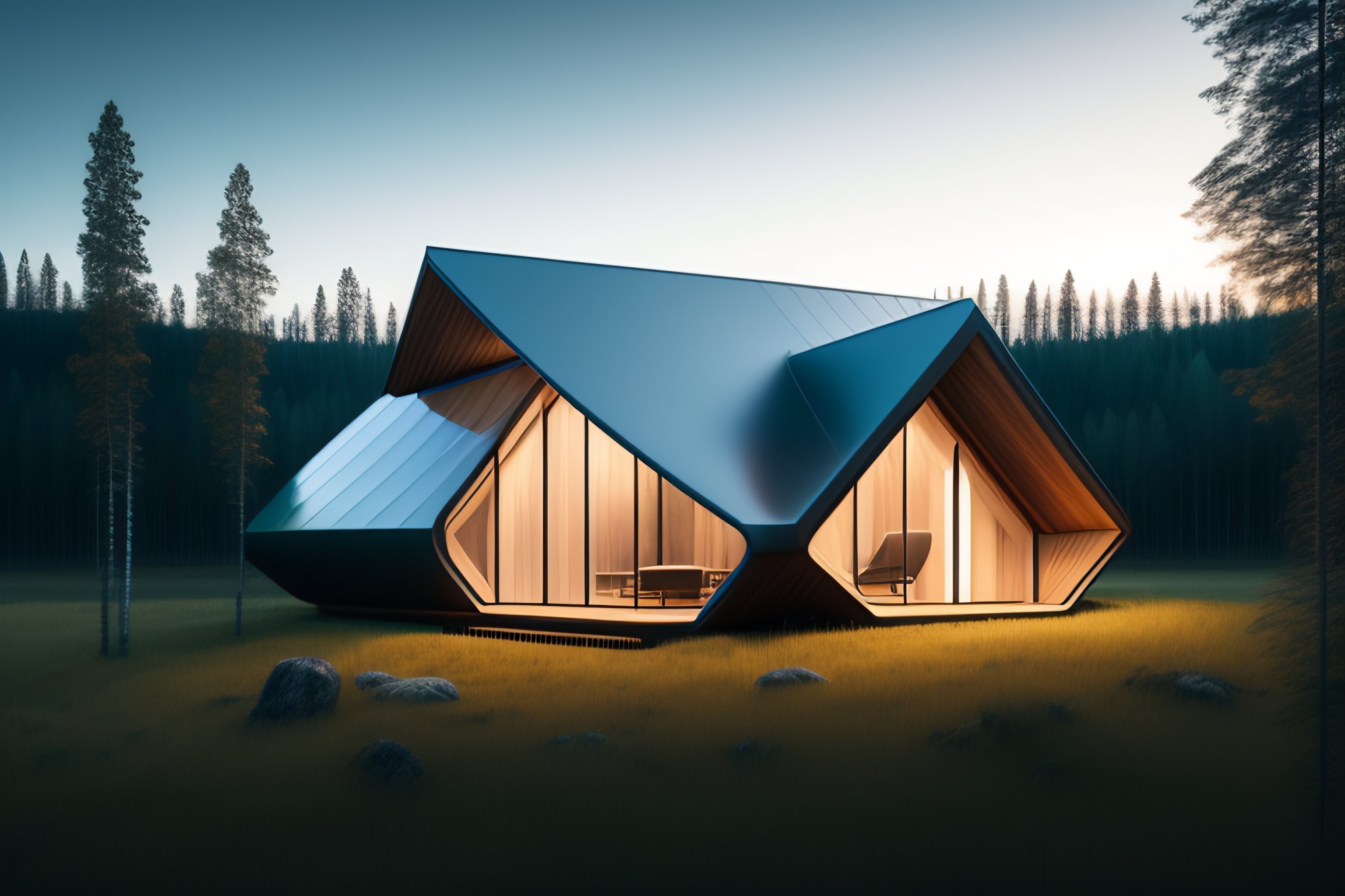 Lexica - A wide image of a full innovative 3D contemporary cabin, hyper ...