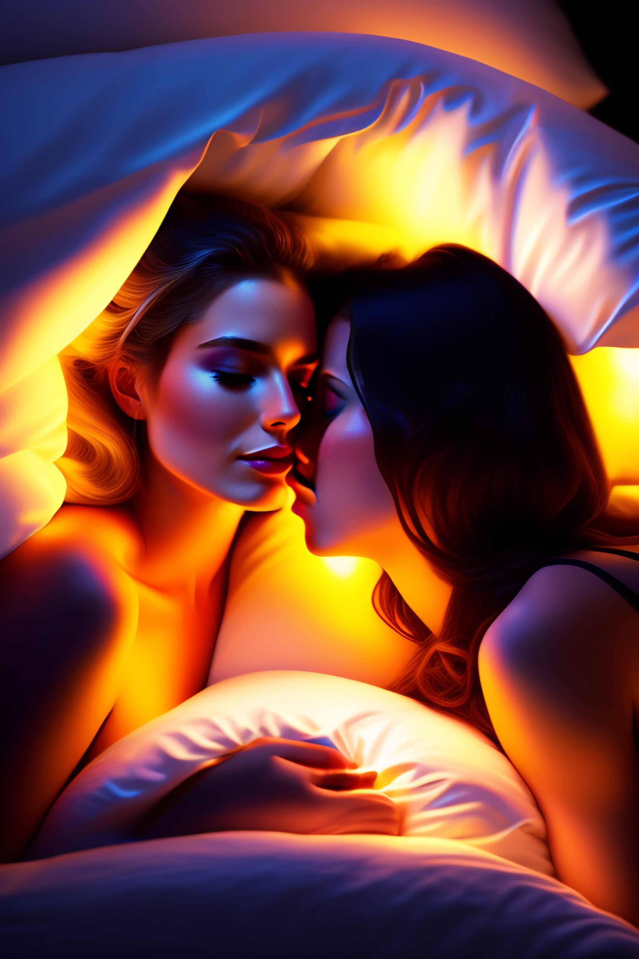 Lexica - Beautiful, photo-realistic picture of two girls kissing and in bed!,  intricate, elegant, glowing lights, highly detailed, photo-realistic, (...