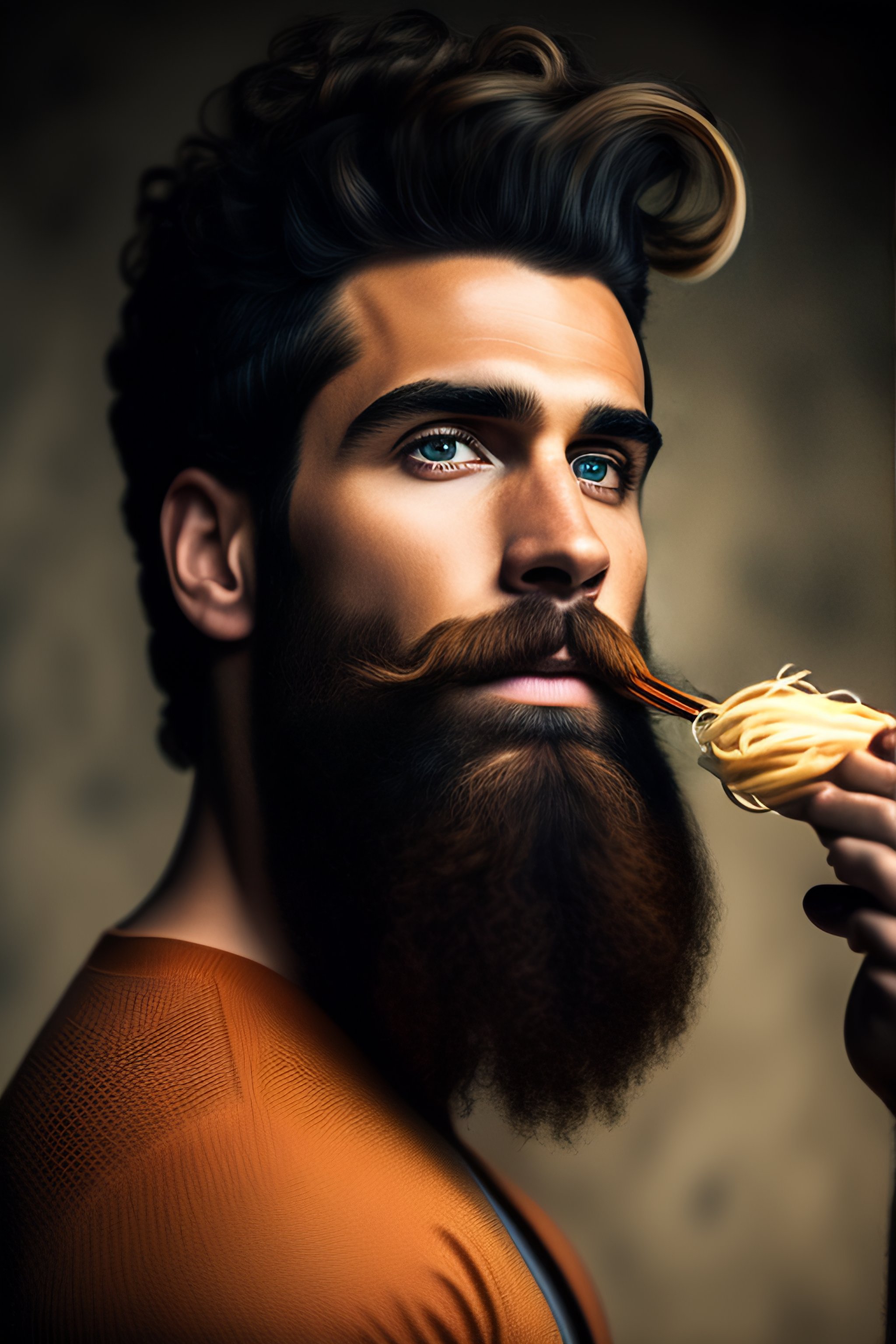 Lexica - Bearded man bearded curly square hair man eat spaghetti