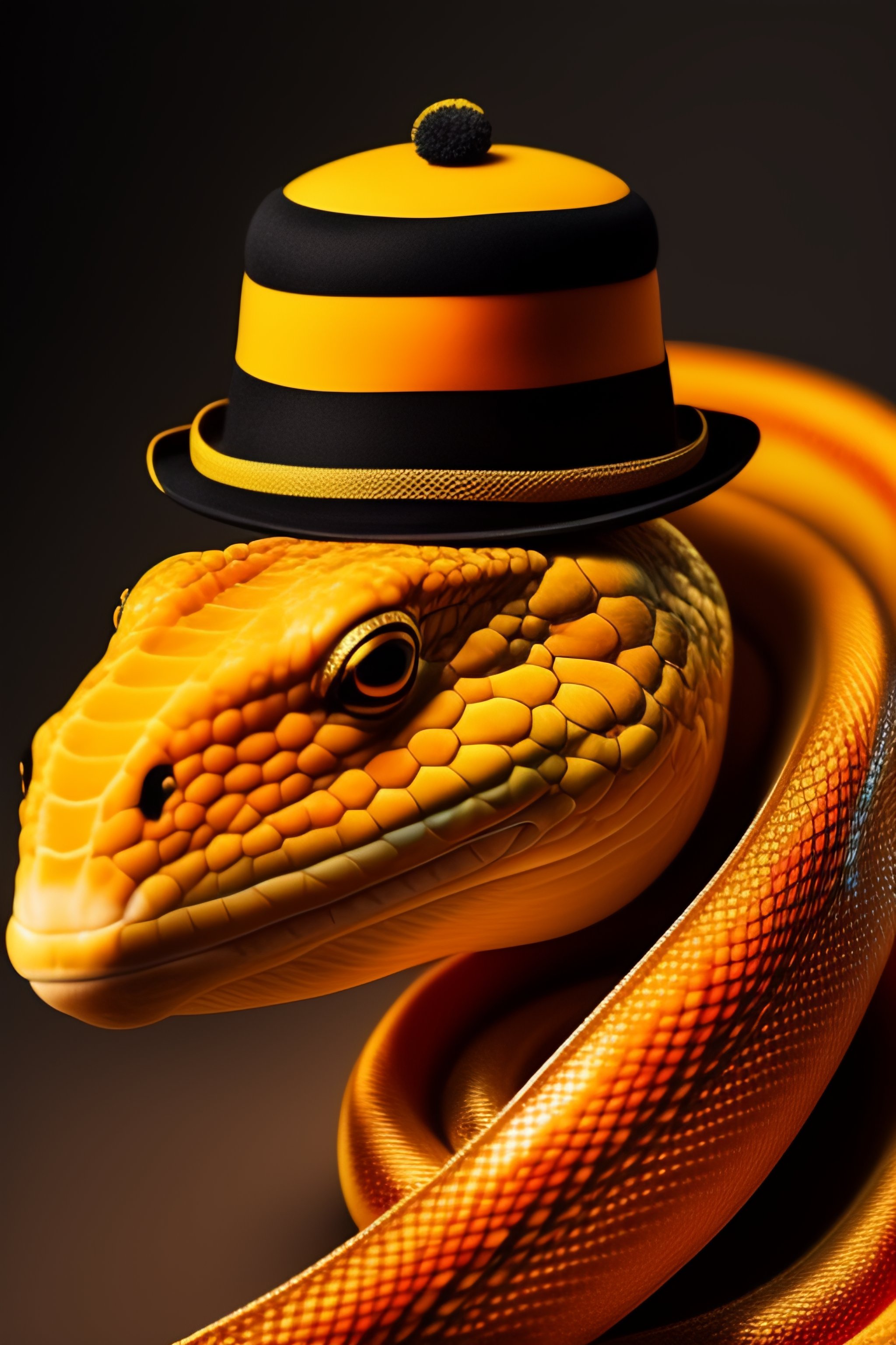 Lexica - An orange and yellow snake wearing a black bowler hat