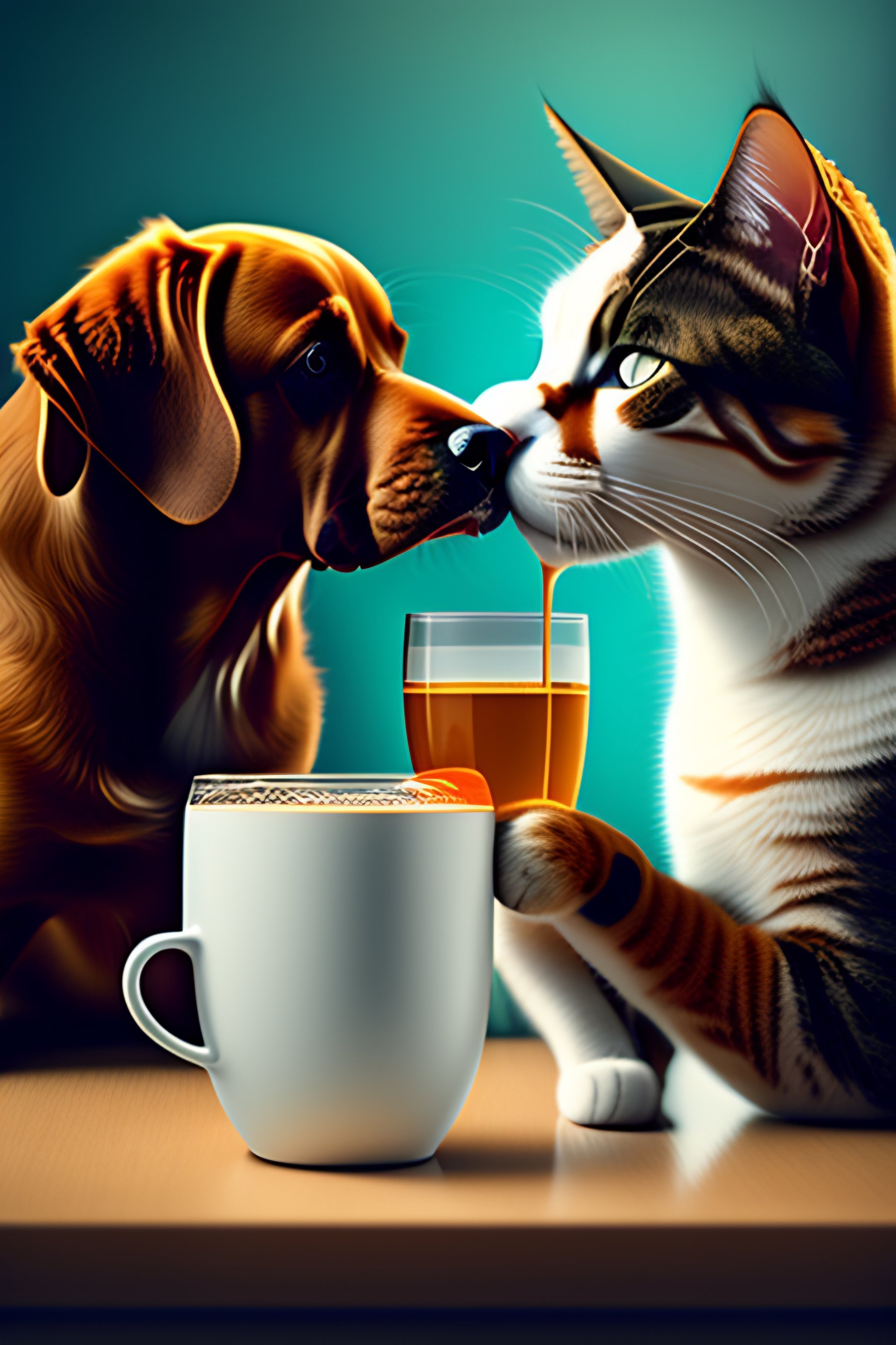 Lexica Cat and dog drinking coffe