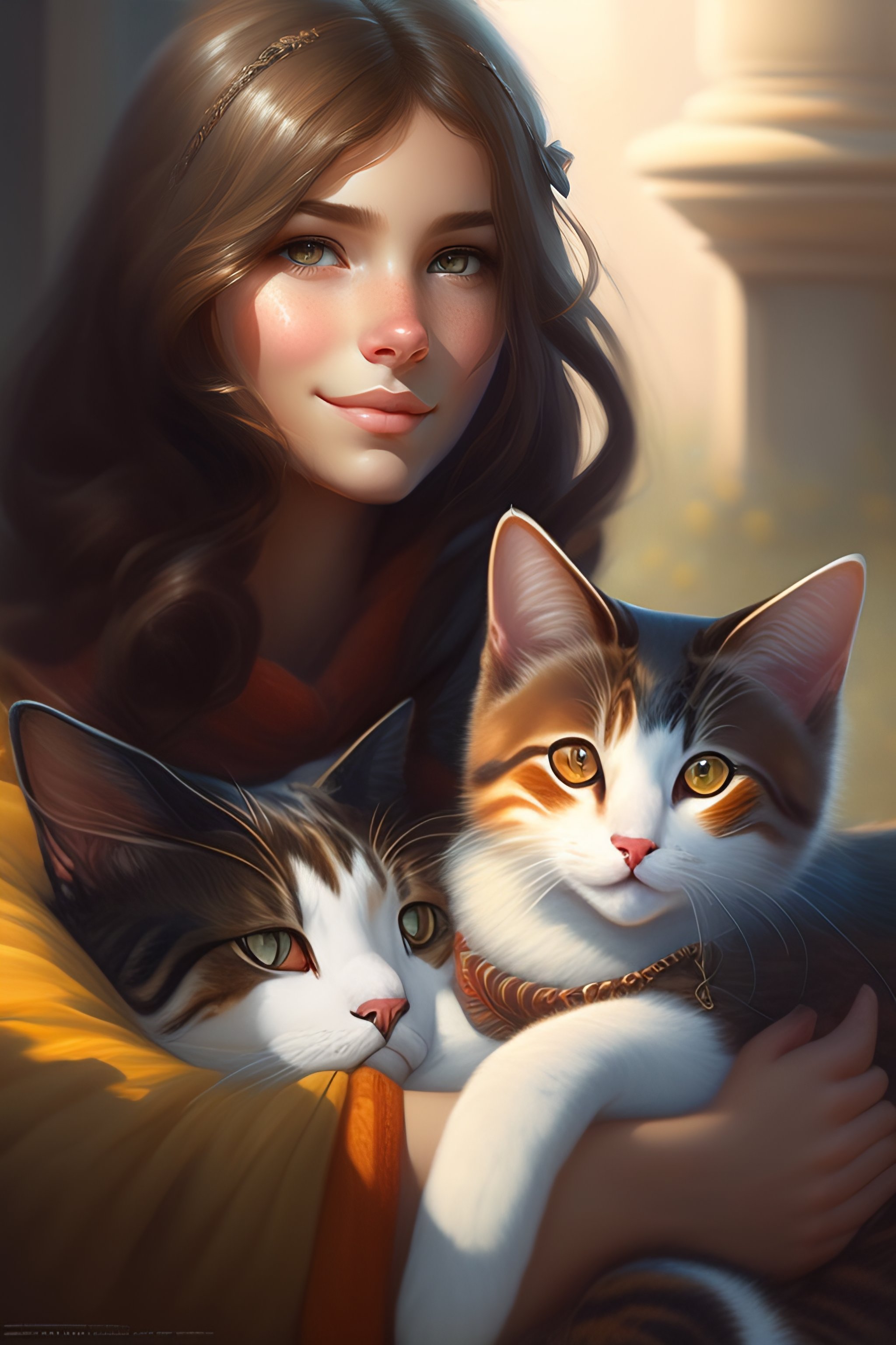 Lexica - A detailed portrait of a cute calm brunette girl hugging a ...
