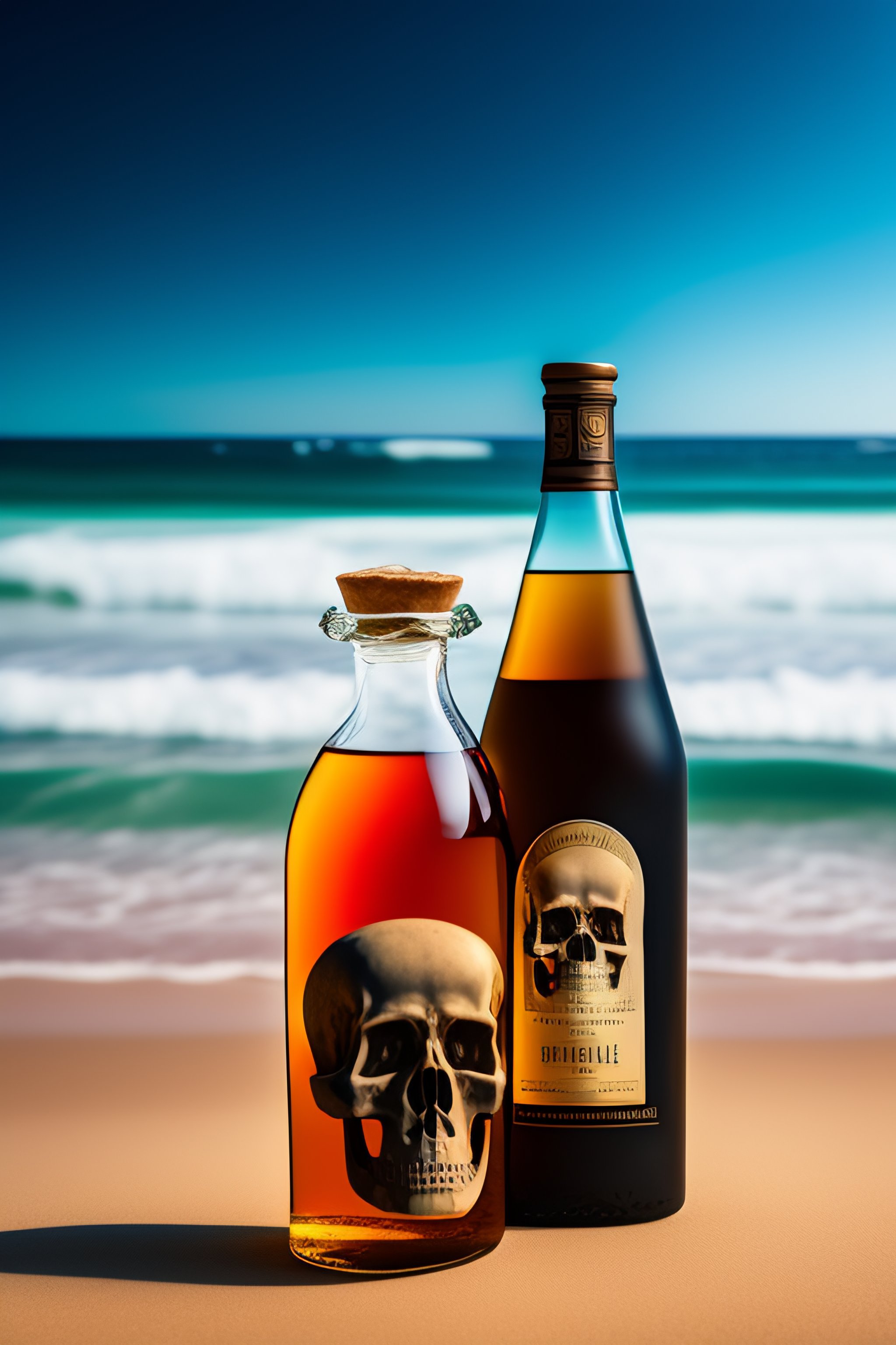 Lexica - Portrait of a full skeleton at the beach, holding a rhum bottle