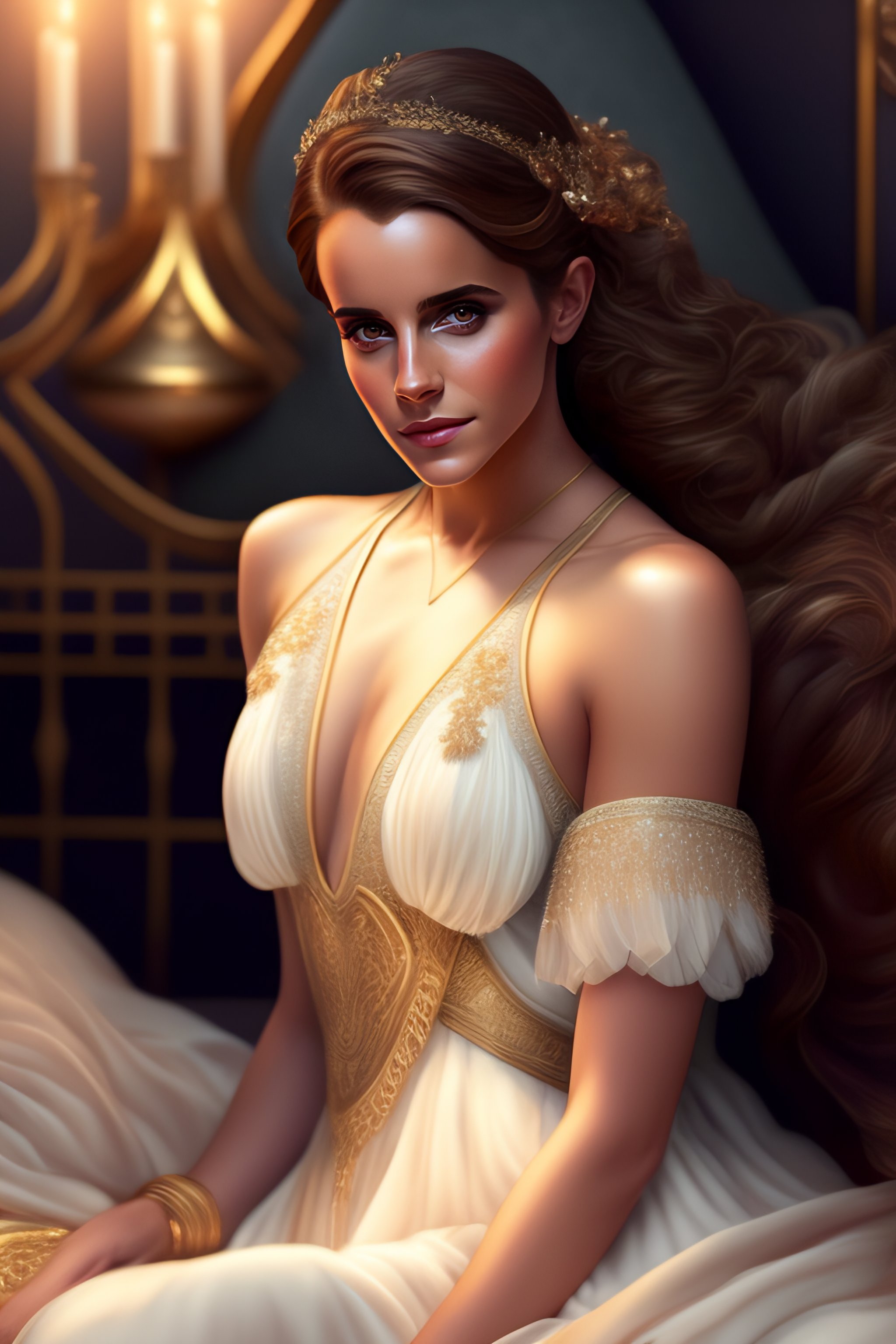 Lexica - Emma Watson as an extremely beautiful Greek woman, wearing  see-through silk dress, enormous chest, resting on bed, full body shot,  gorgeous,...