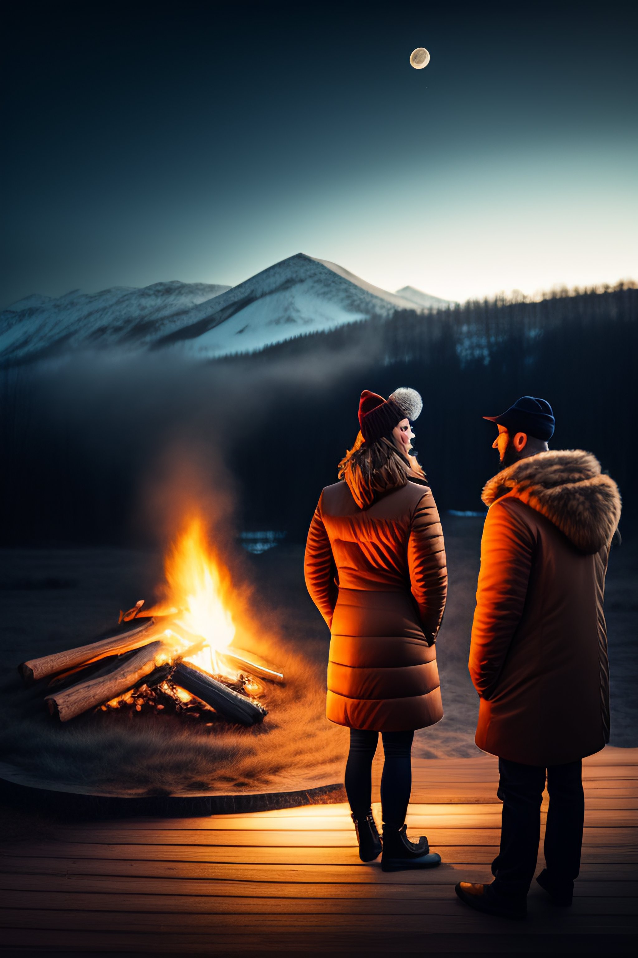 Lexica - Two people talking by a fire place in landscape mode