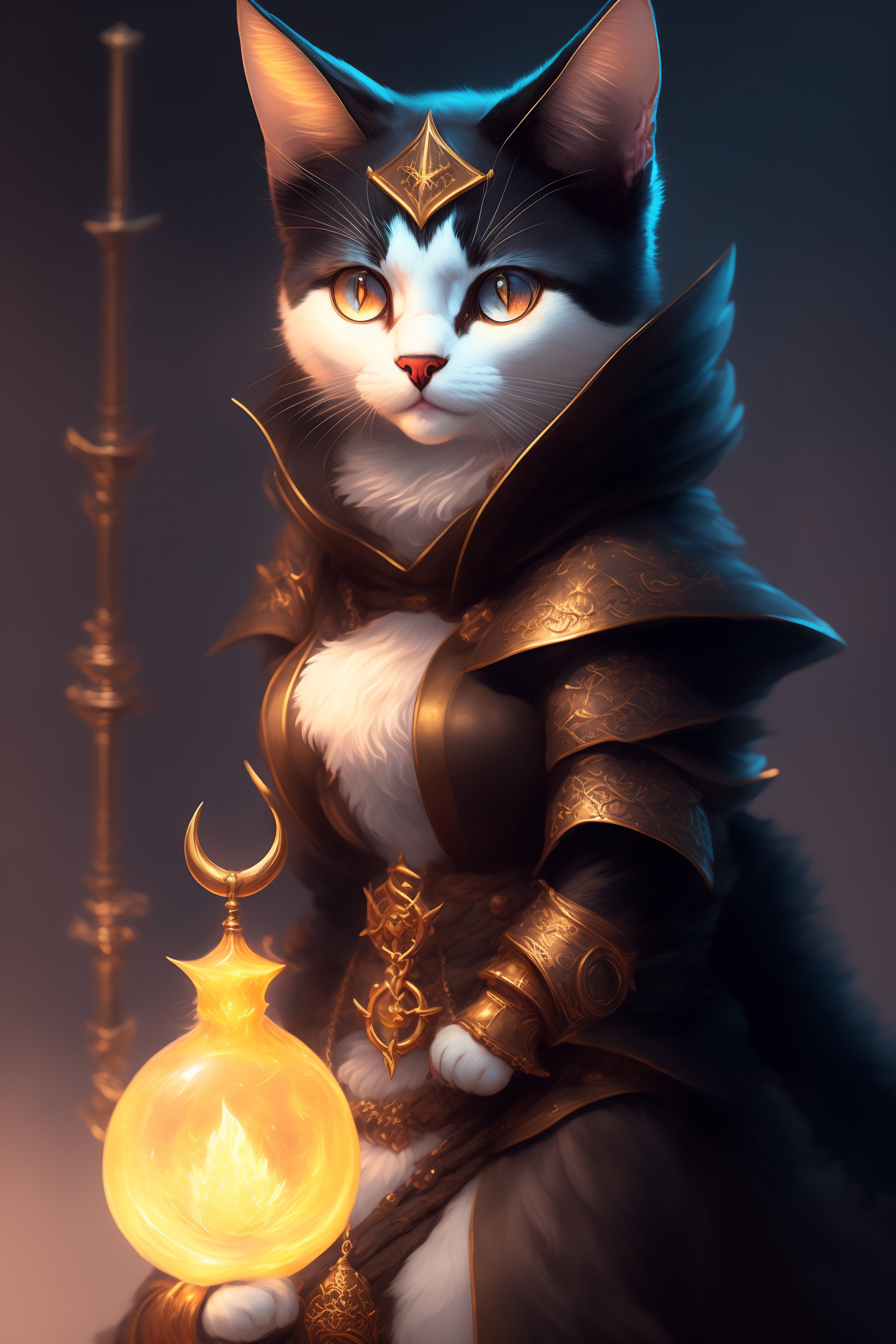 Lexica - Closeup of a cute cat witch with staff cloack and pack, d&d ...