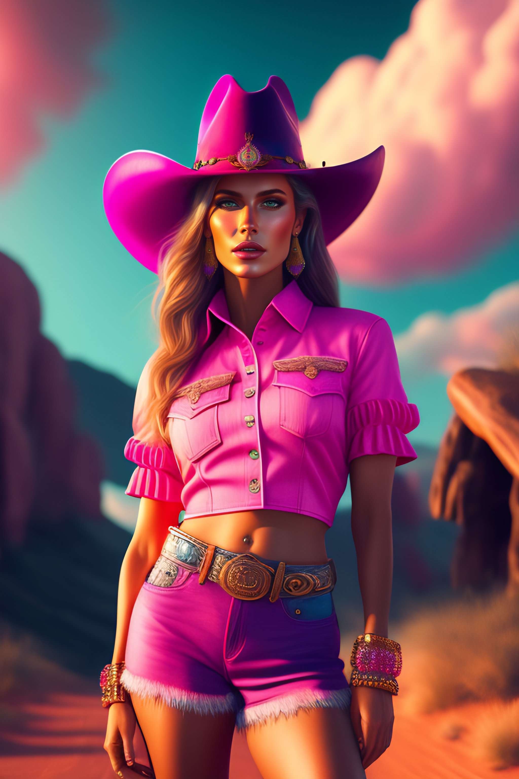 Lexica Full Body Portrait Of A Beautiful Cowgirl Wearing A Pink Cowboy Hat And Top Denim 3851