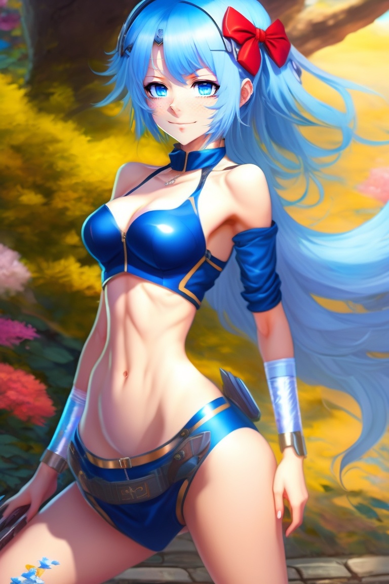 Lexica - A anime girl, sexy, full body, body shot, realistic, beautiful  body, anime, hen, blue hair, art by Eiichiro Oda