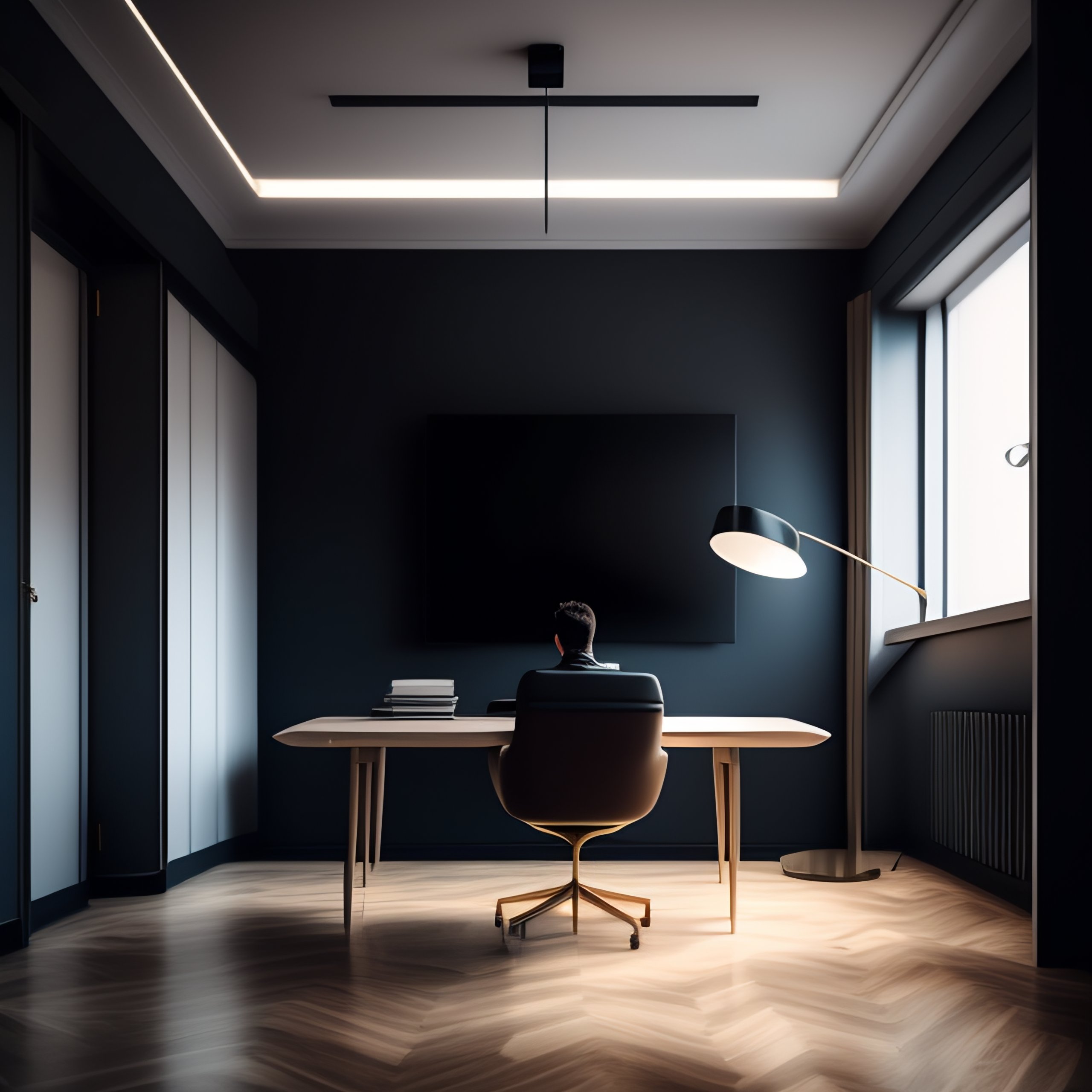 Lexica - Photography of a man sitting on his desk. sideway. wes