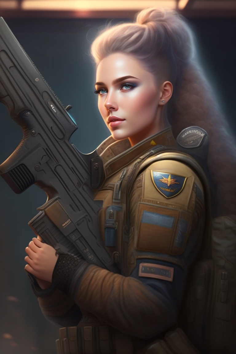 Lexica - Woman with bionic arms, army, weapons, cyberpunk