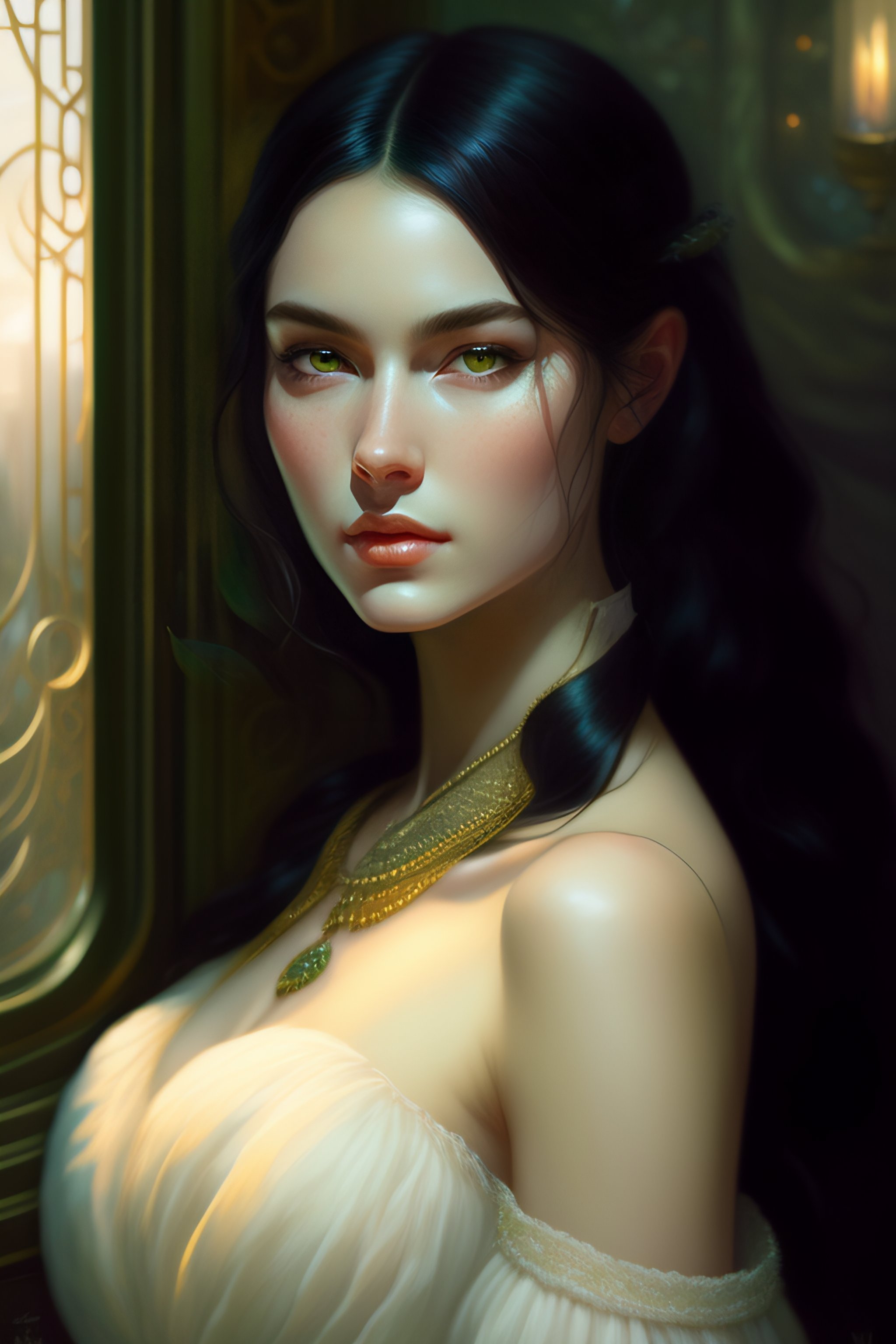 Lexica Black hair young woman, pale skin, white skin, green eyes