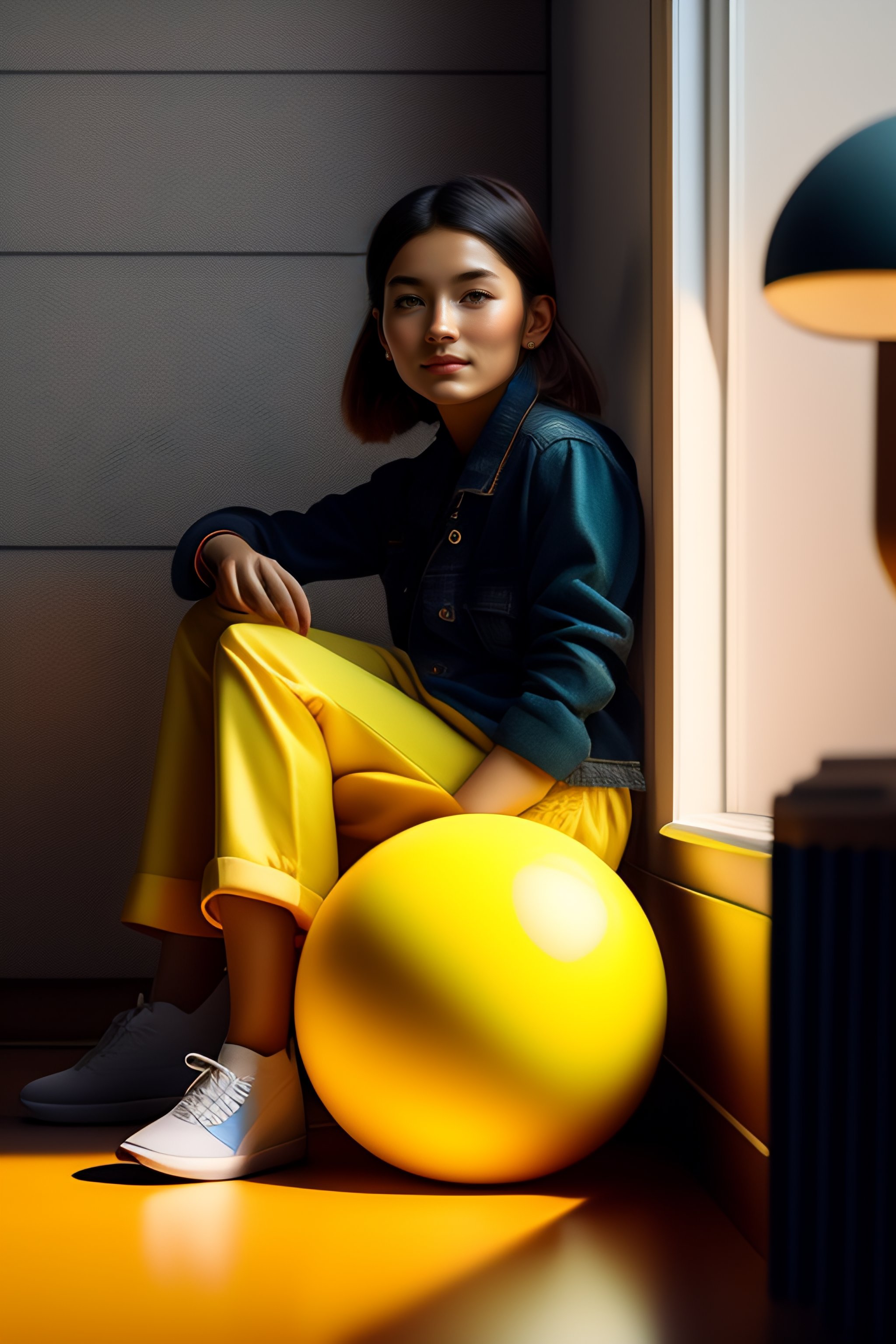 Lexica - Girl sitting on a yellow ball in front of her desk and ...