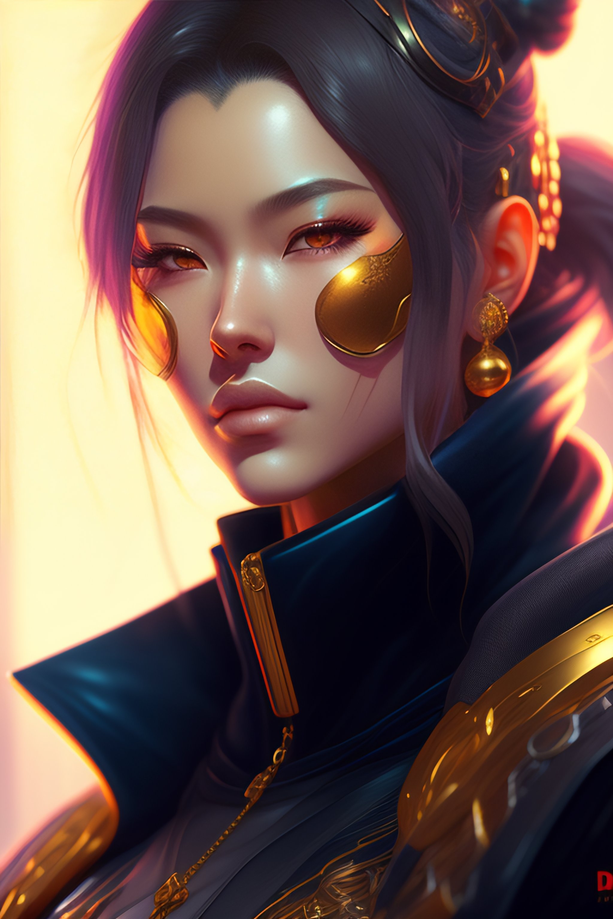 Lexica - Left facing,Portrait of a golden cyberpunk, cyborg ninja ...