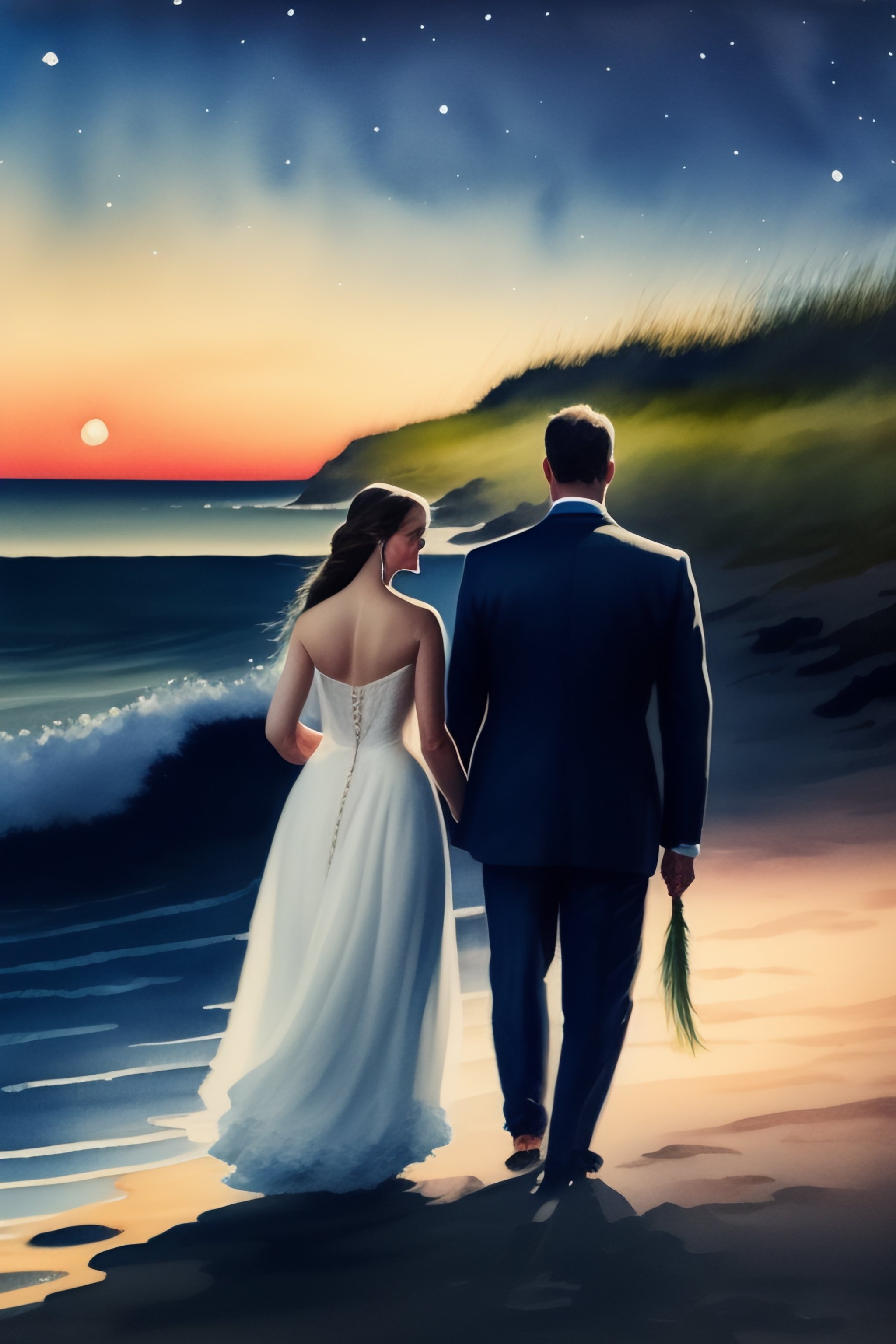 Lexica - A water colour painting of a married couple walking along the ...