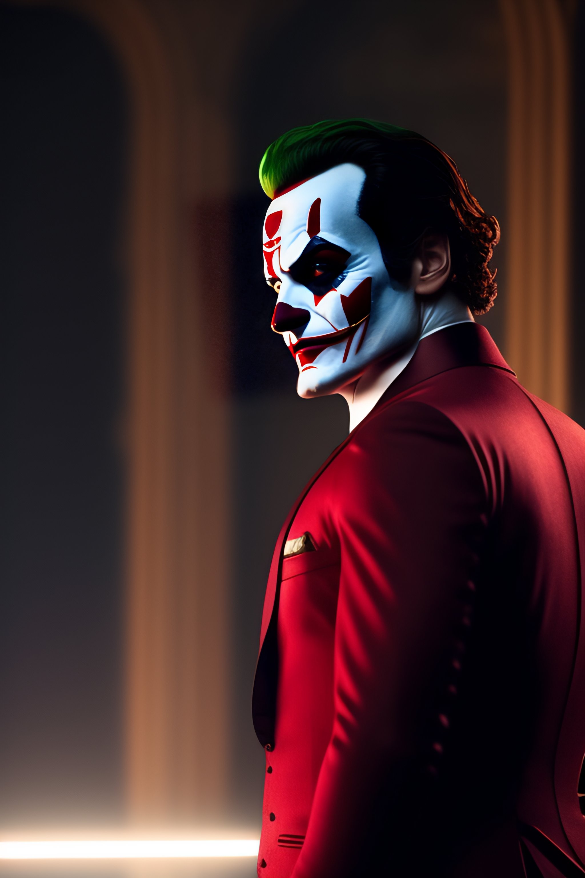 Lexica Full Body Shot Of Joaquin Phoenix S Joker Wearing Dark Red Batman Suit