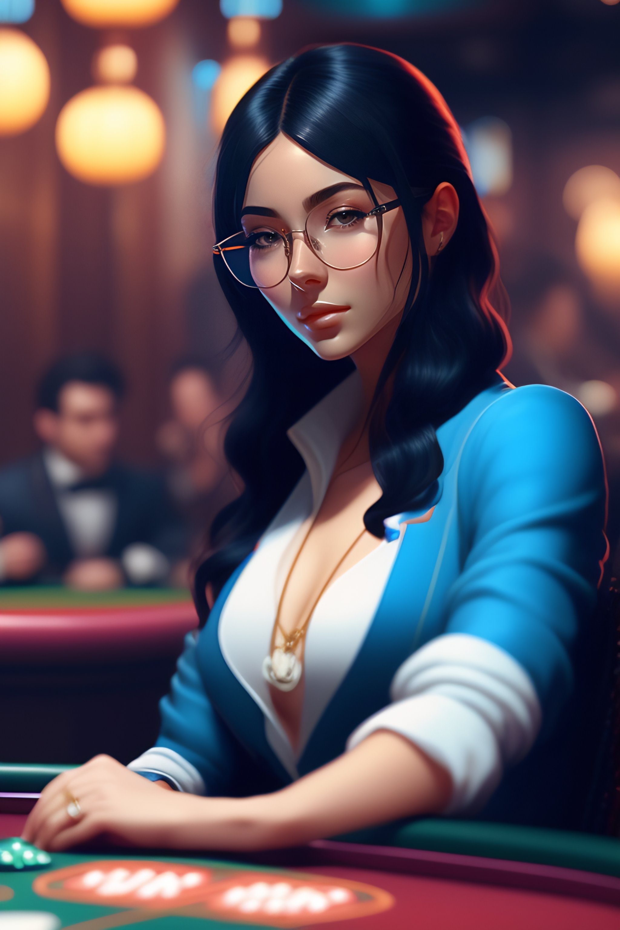 Lexica - Cute girl in glasses poker with a by sweater blue drinking sitting background gin tonic black wayfarer black hair a inside c table casino