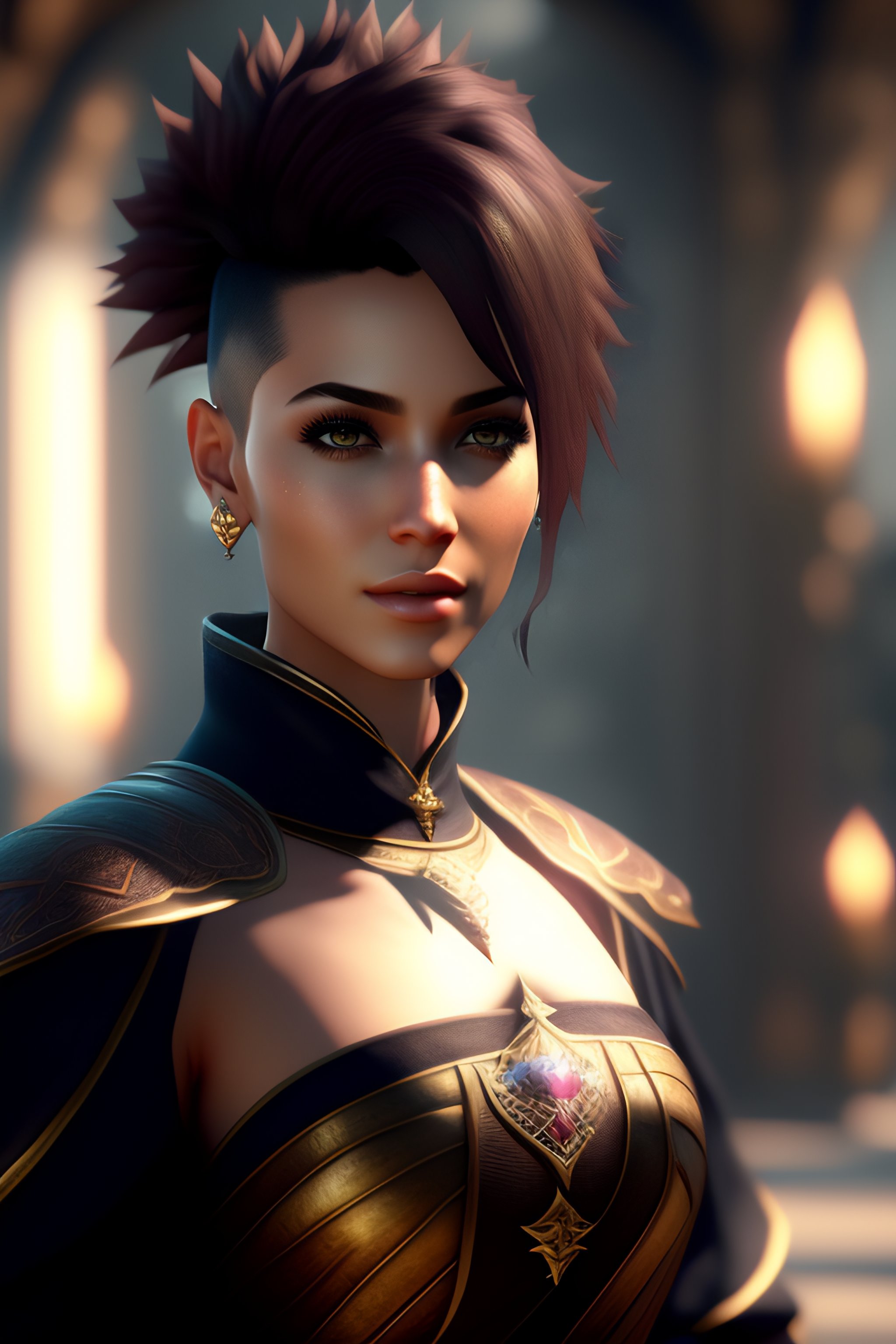 Lexica - Girl, mohawk, short hair, fantasy medieval cloths, anime realistic,  unreal engine cinematic smooth