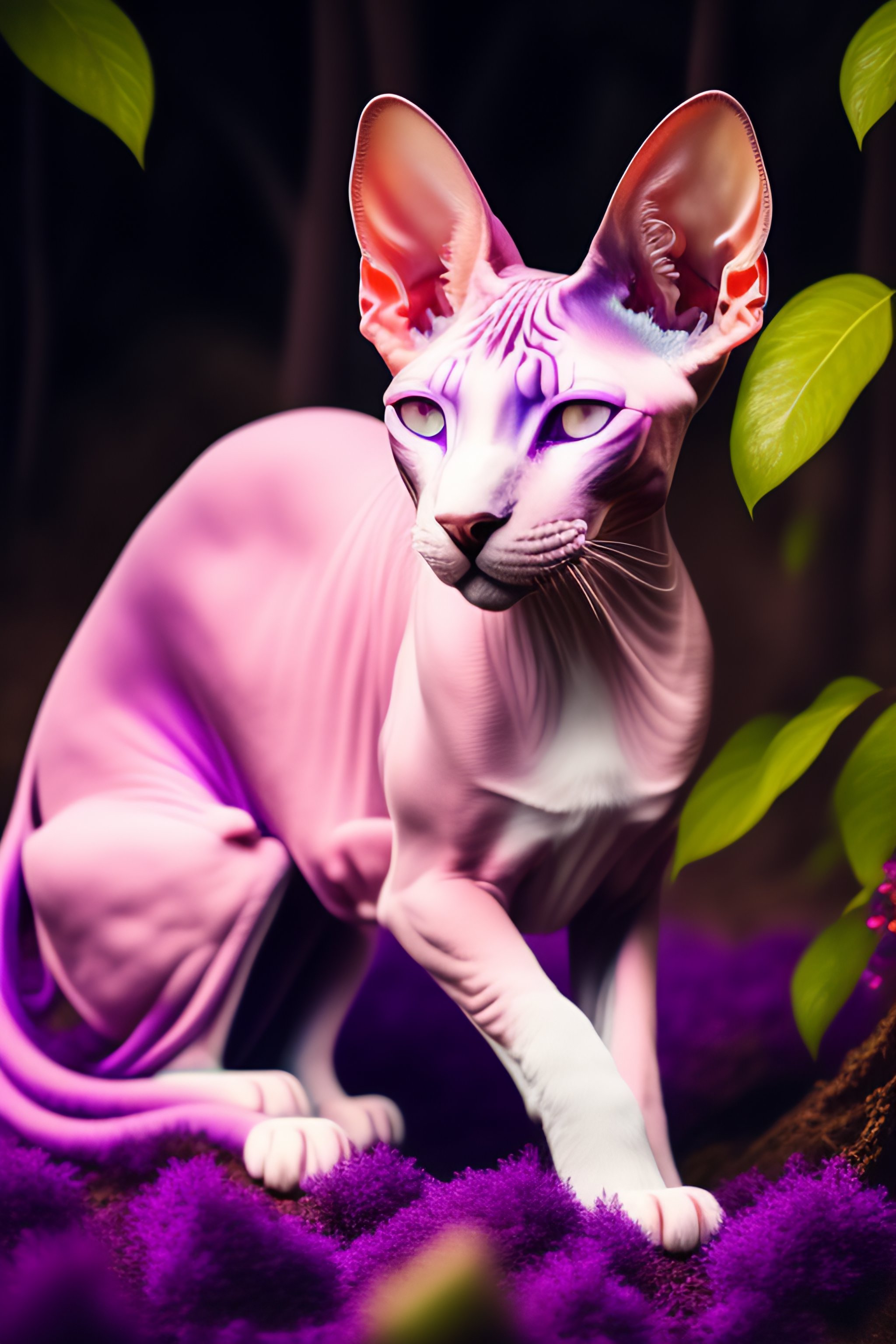 Lexica - Pastel pink sphynx eating blueberries in magical purple forest