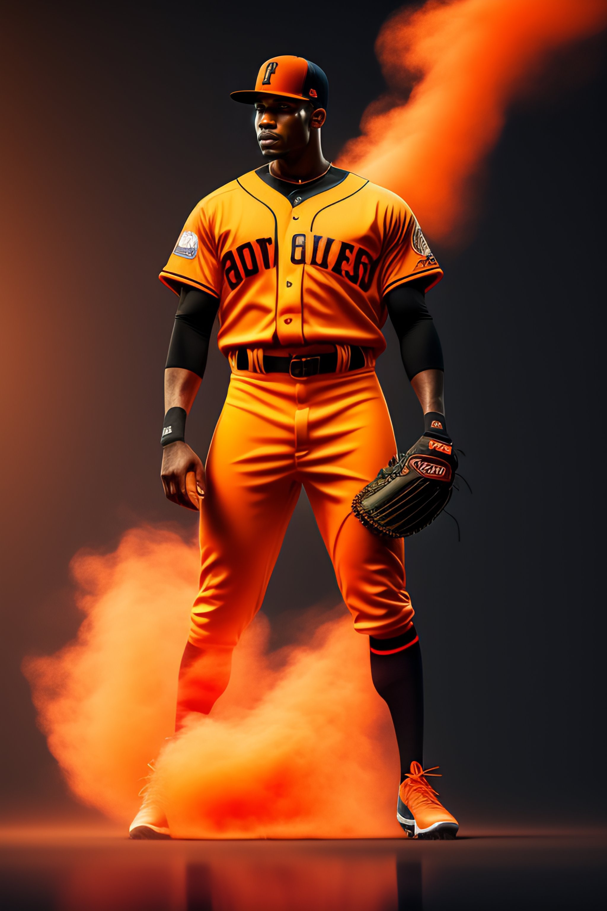 Lexica - Disruptive baseball uniform orange and black, detailed, cinematic,  photorrealistic, fullbody, symetric, no letters, no logo