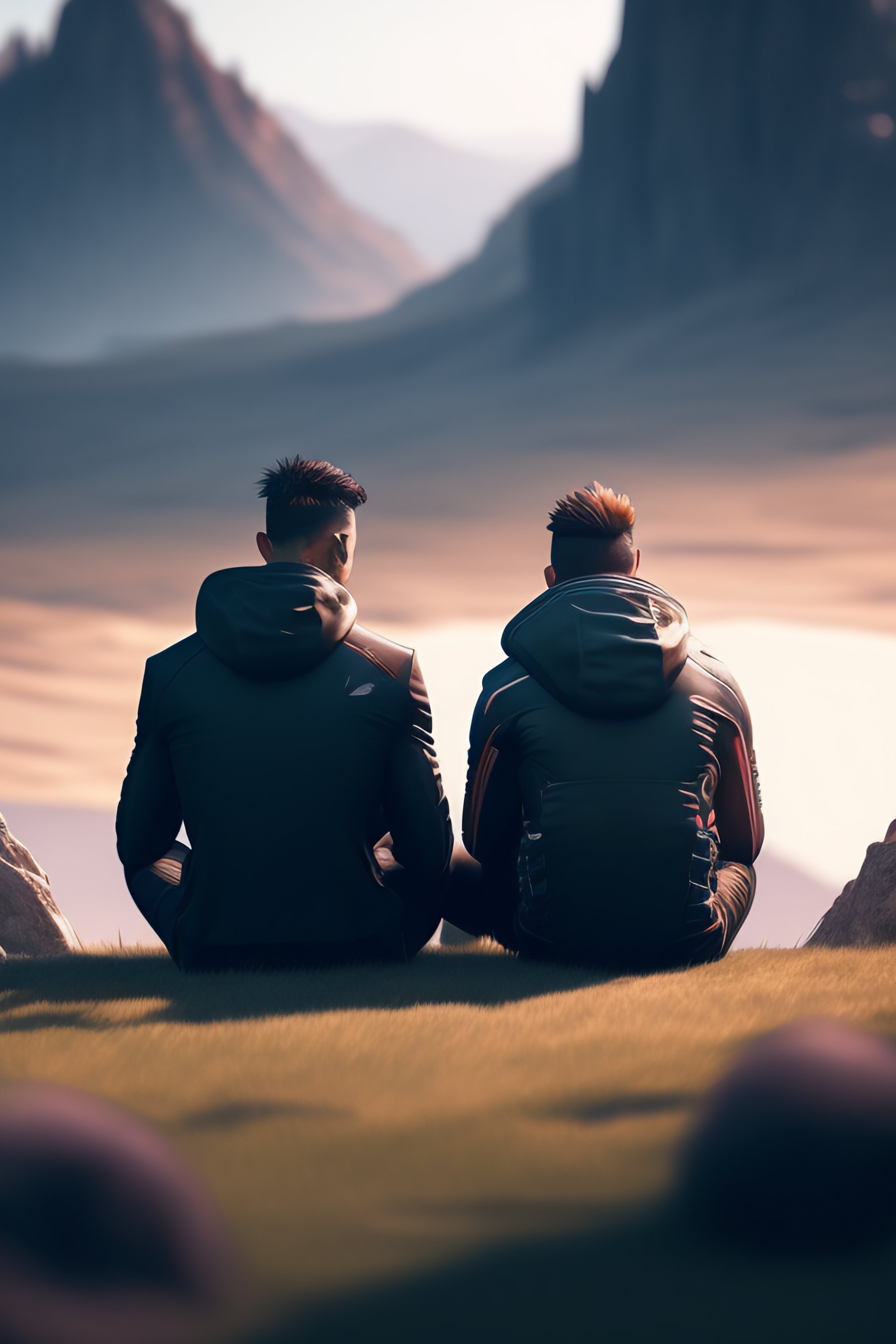 Lexica - cristiano ronaldo and messi sitting on the hill