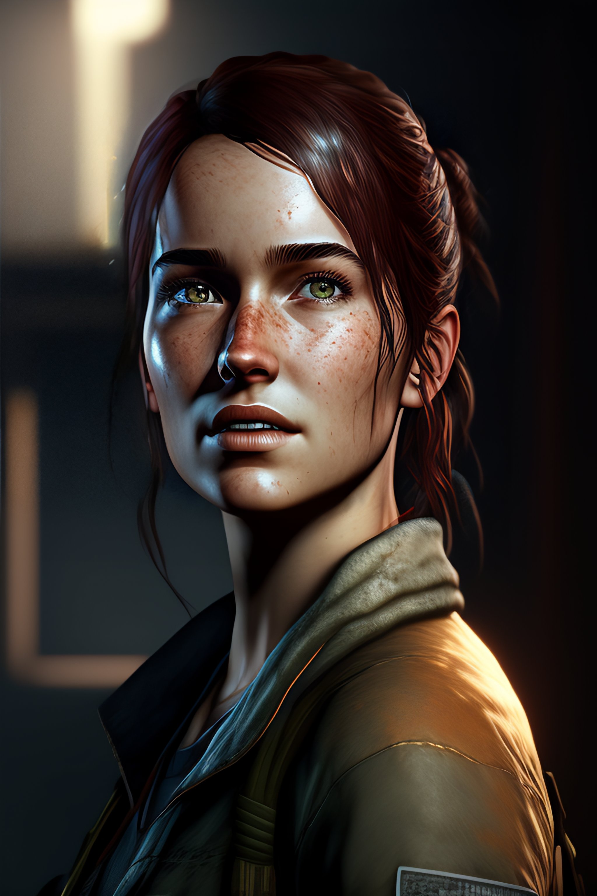 Lexica - Portrait of adult Ellie from the game The last of us 2, medium  shot looking to the side, raining, traces of rain on her face --ar 16:9  --tes