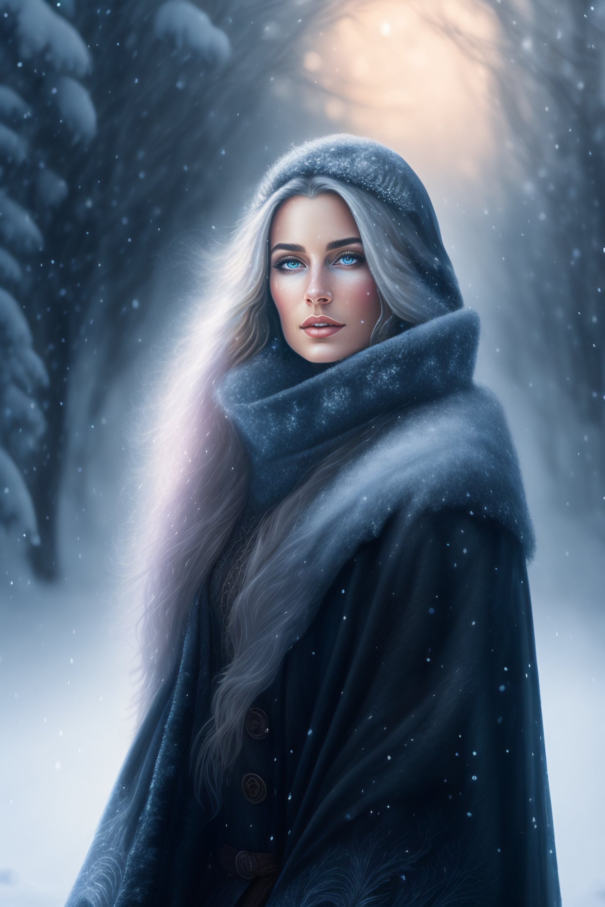 Lexica - Painting of a woman with long silver hair standing in a snowy ...