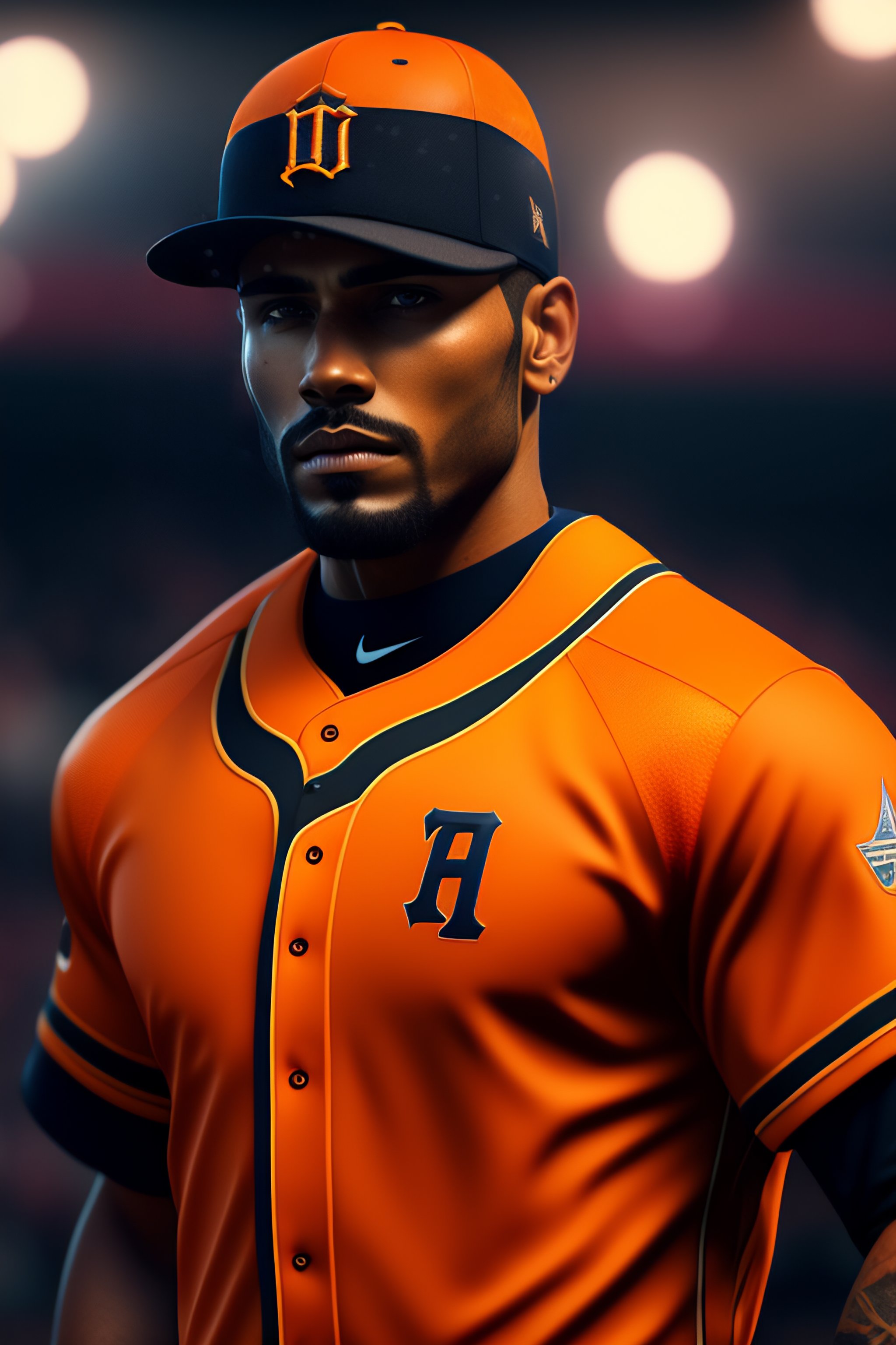 Lexica - Baseball uniform with the lettering ninth inning embroidered on  the chest, color of the uniform is orange with double black lines, unreal