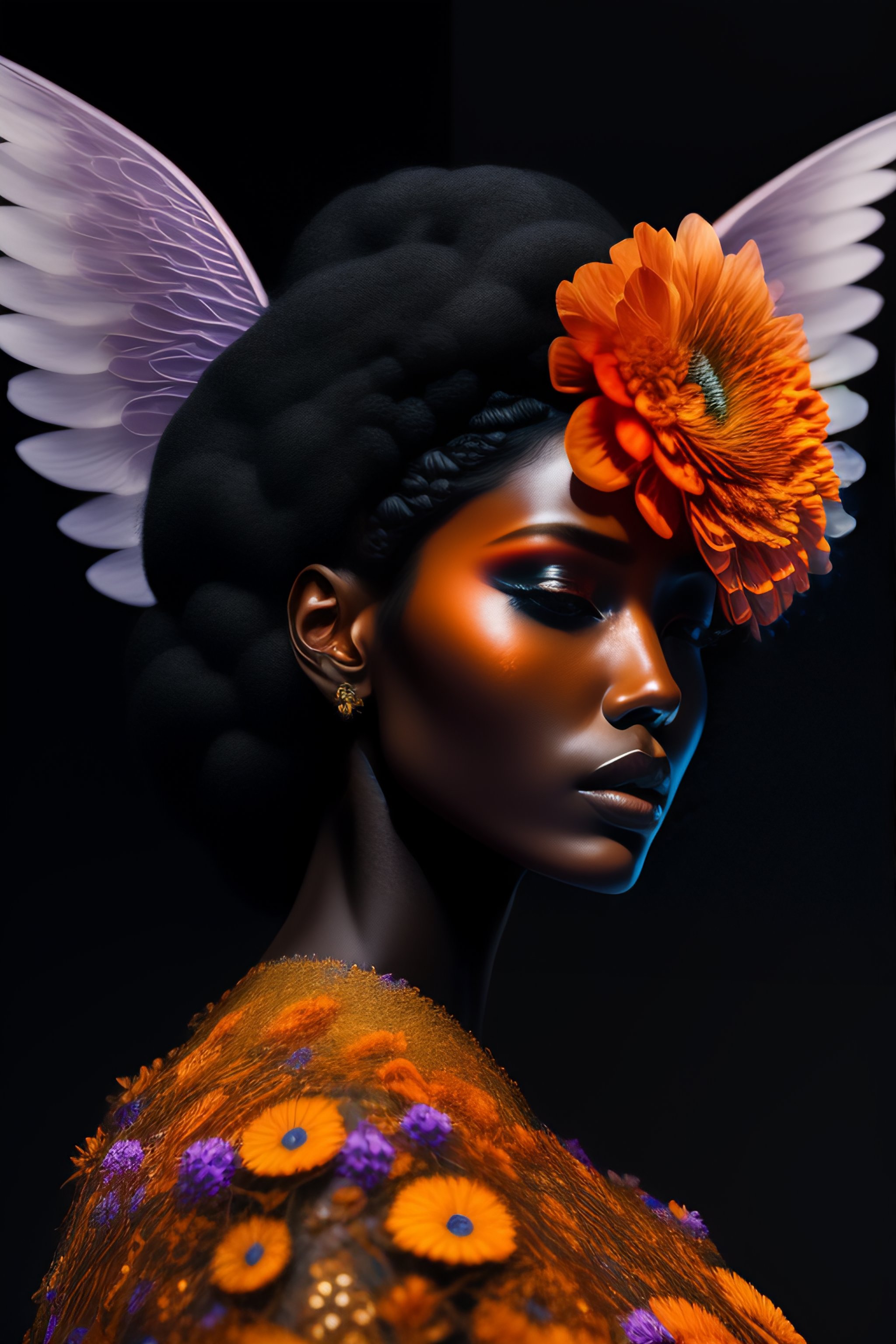 Lexica - A Black background portrait of An angel in a dress made of ...
