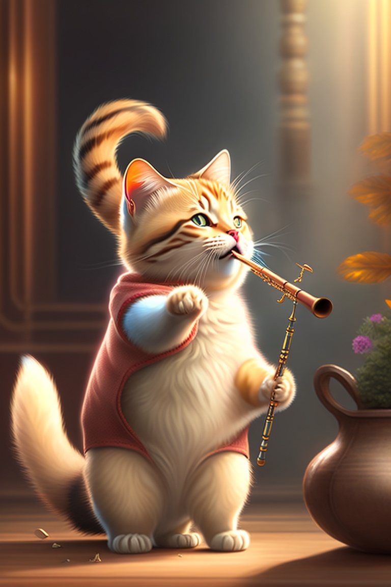 Lexica - Cat playing a flute, and around him animals dancing