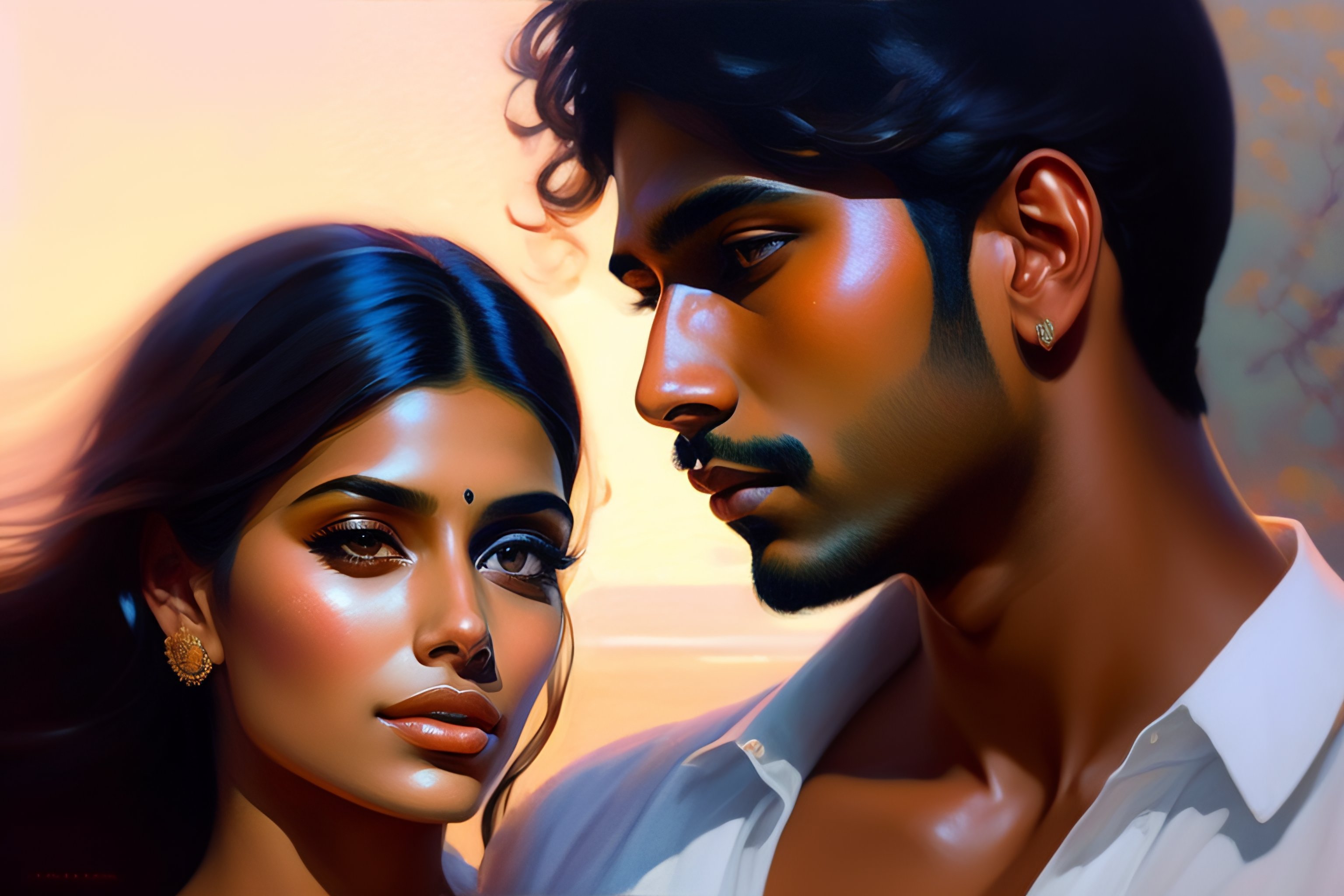 Lexica - Painting of a young Indian man looking at a gorgeous woman ...
