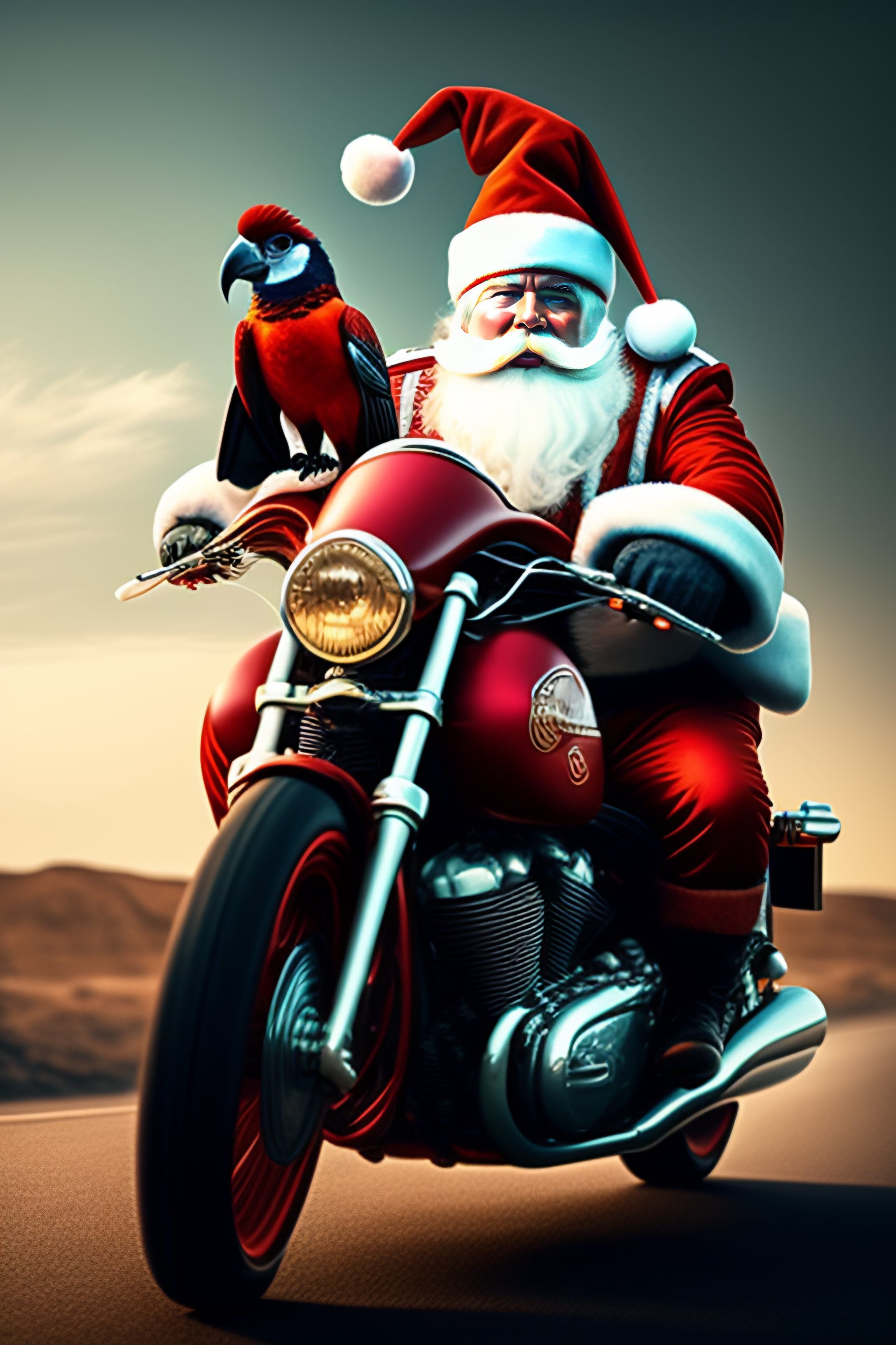 Lexica - Evil santa on a motorcycle and a parrot on the shoulder