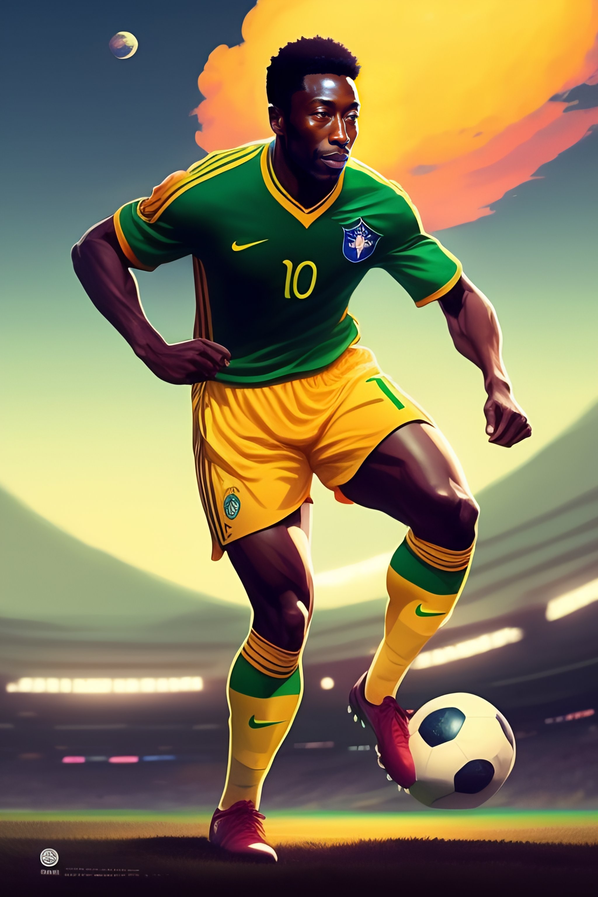 Lexica - Back of Footballer Pele wearing yellow brazil team jersey playing  on a football with one foot, backdrop of dawn, saturn in the background,  i