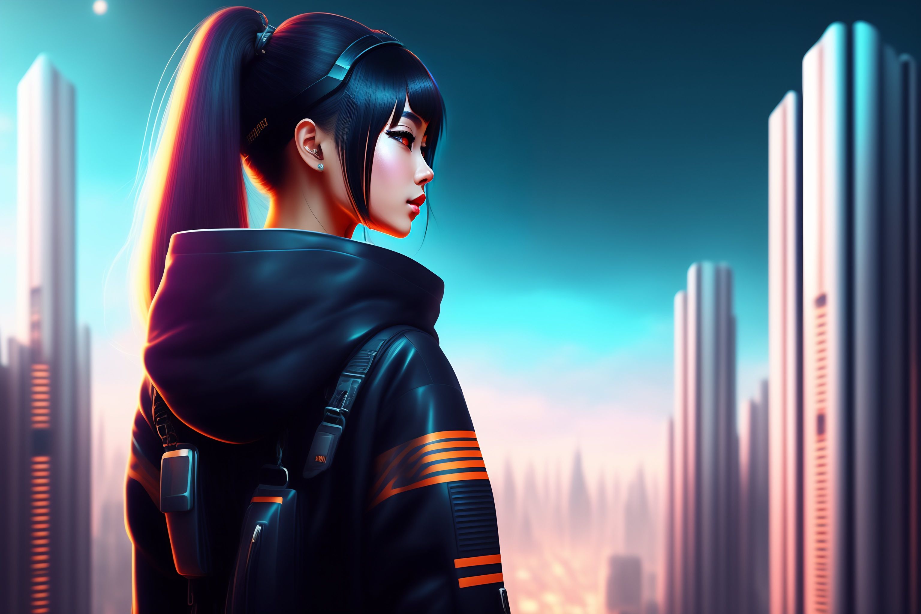 Lexica - Futuristic dystopic citu, techno music, pretty anime girl