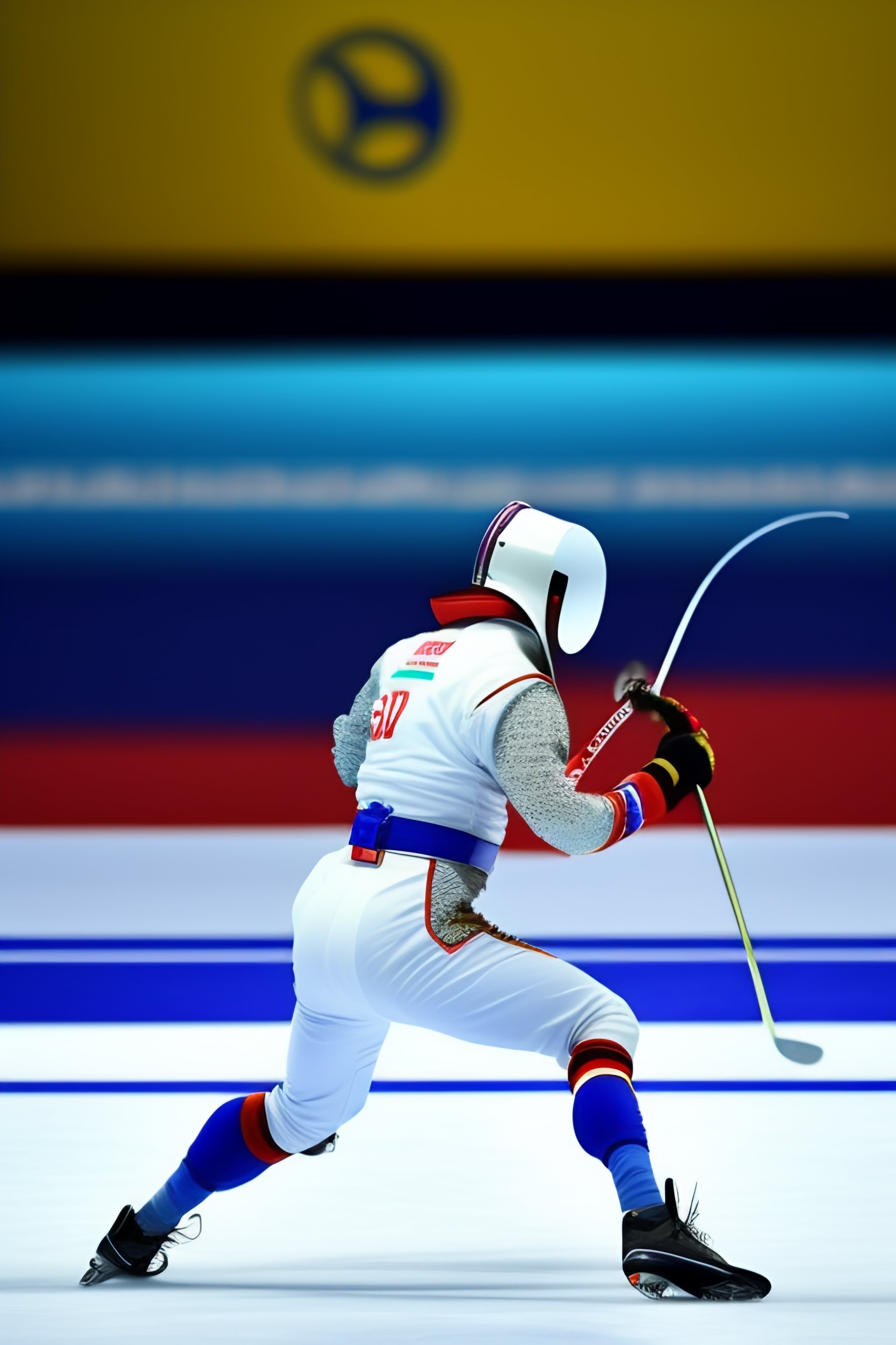 Lexica Russian fencer holding an epee on an Olympic court