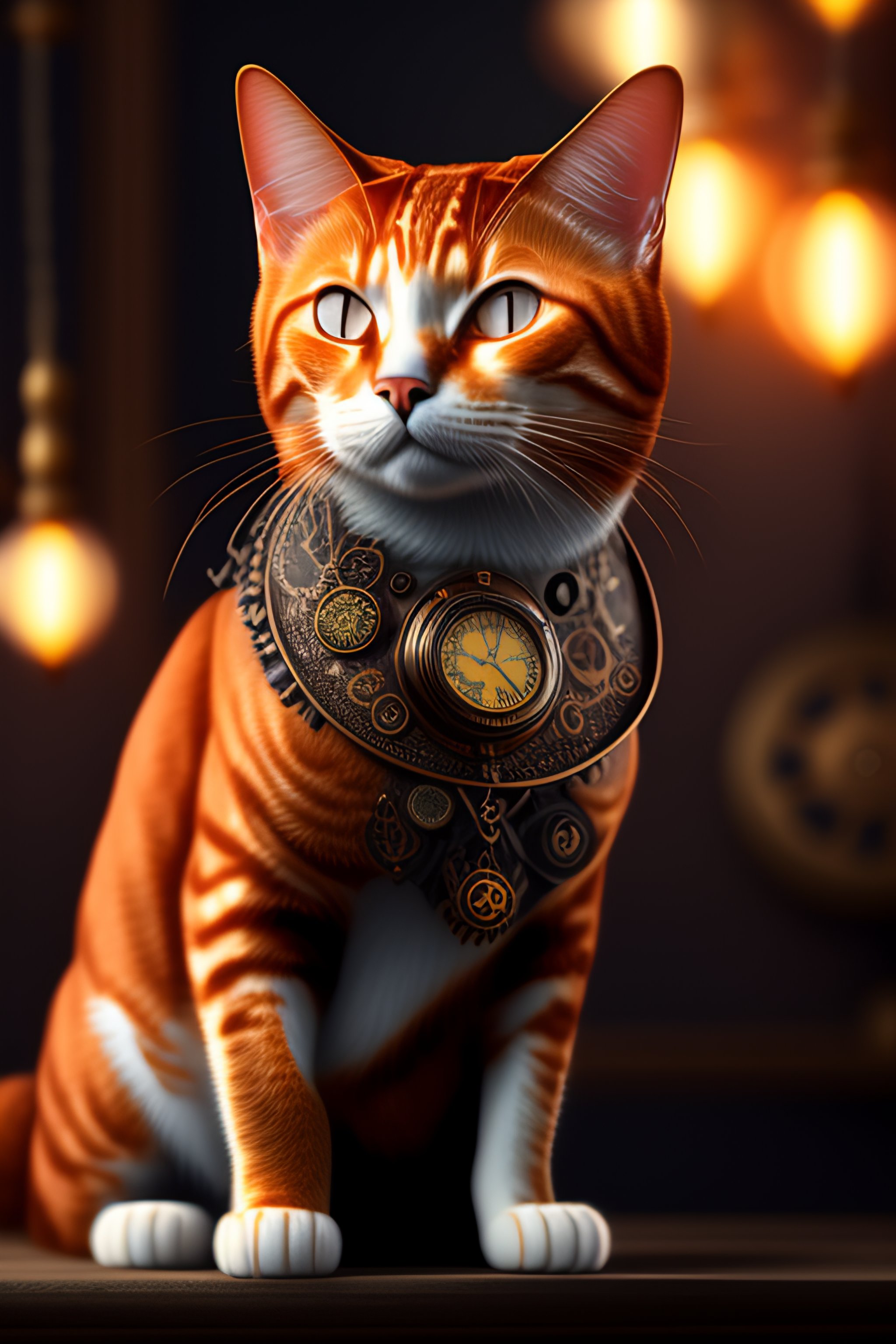 Lexica Portrait of a steampunk ginger cat made of rusty clocks, gadgets and tools dramatic