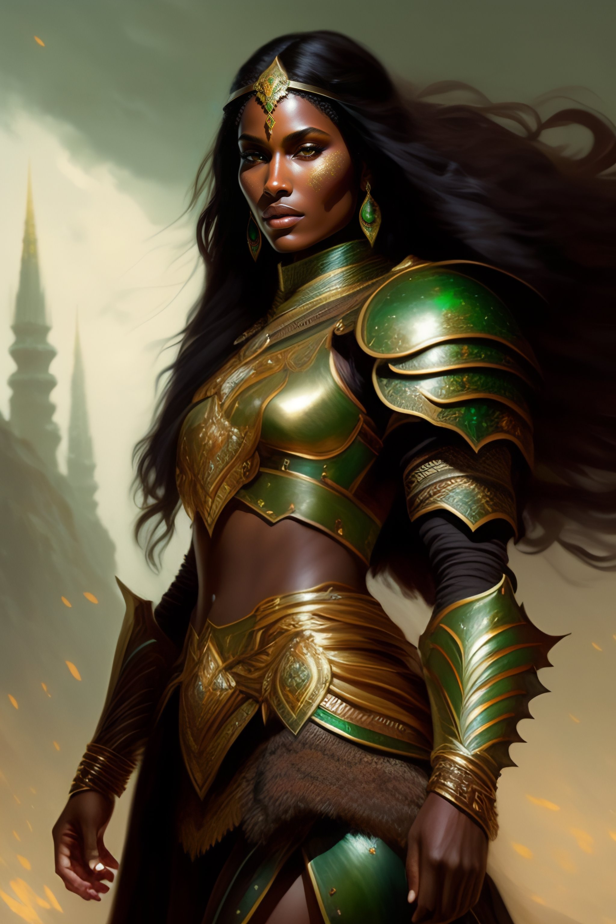 Lexica - Full body portrait of a rugged female warrior dark skin medium ...