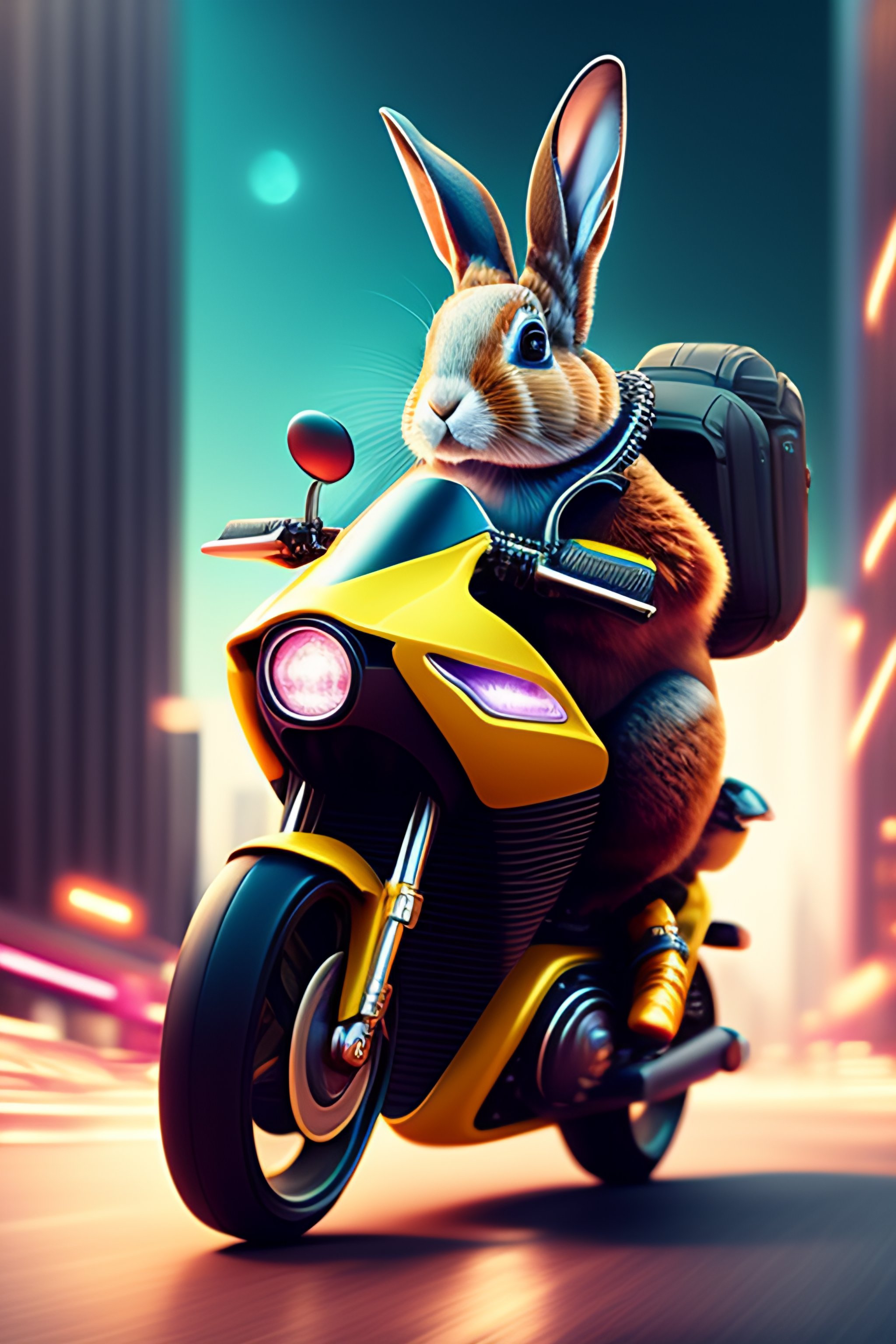 Lexica - A Cyberpunk Rabbit, in a futuristic Motorcycle, jumping over a ...