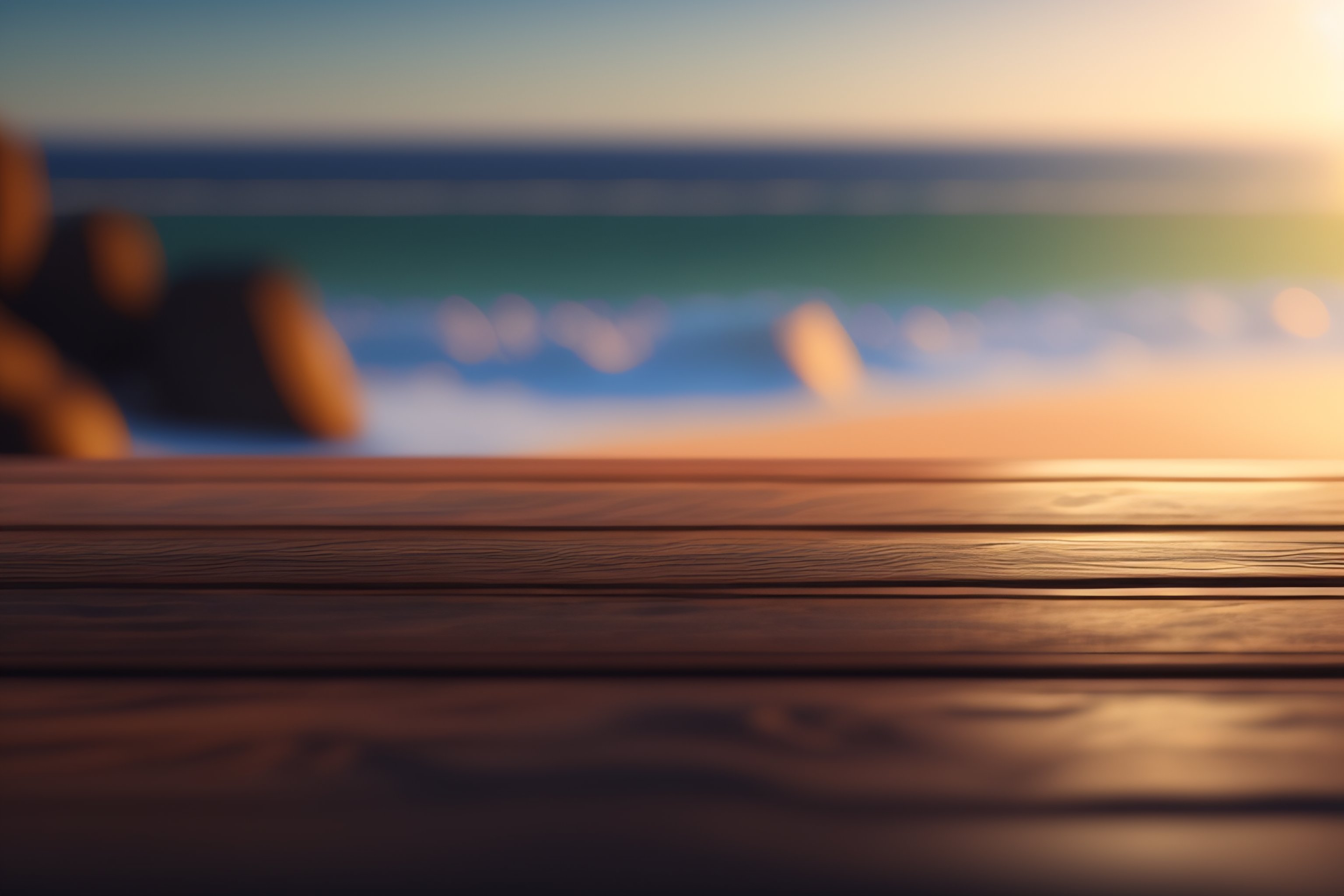 Lexica - Rustic wooden table with a bokeh beach background, massive ...