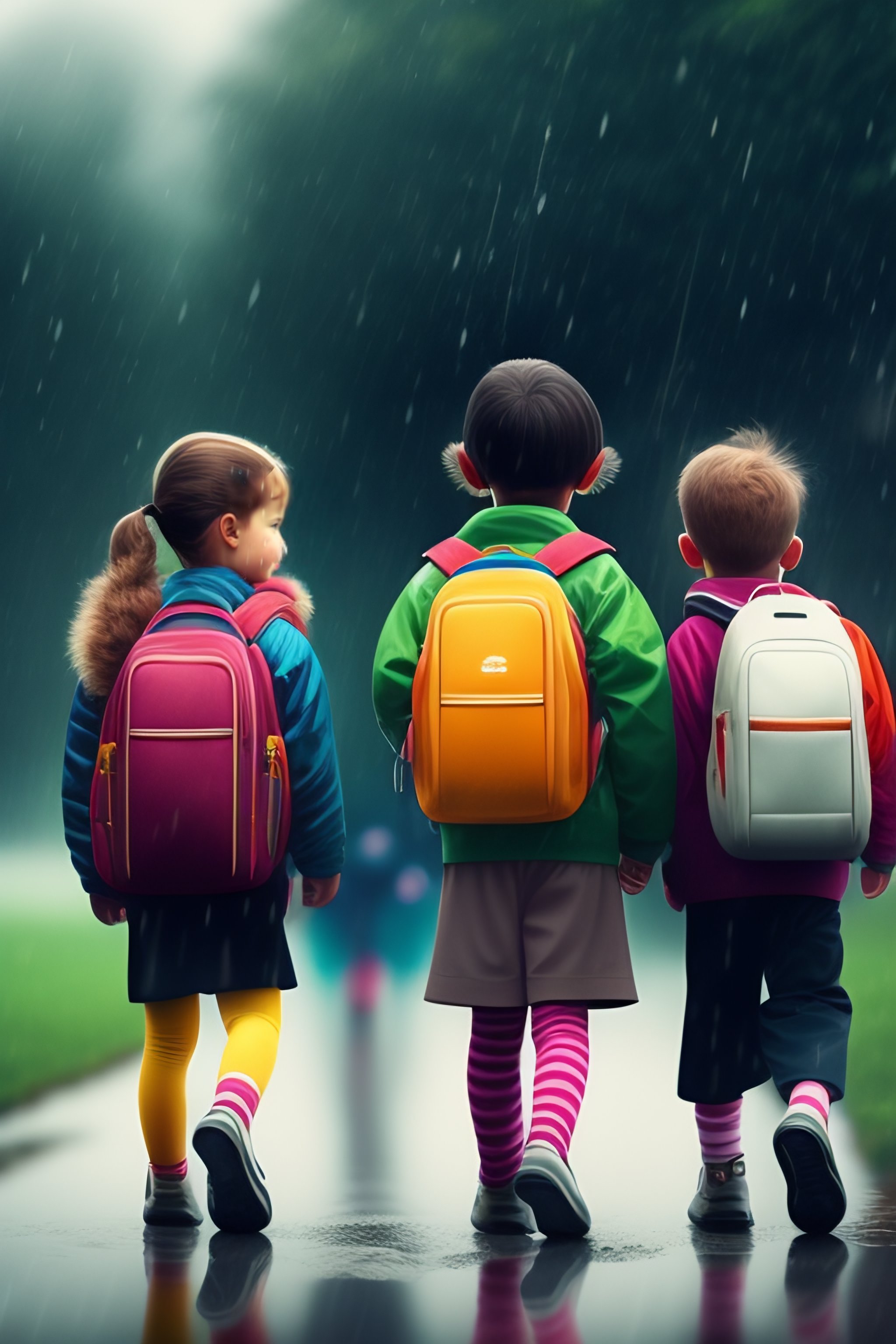 Lexica - A school with kids in a rainy day