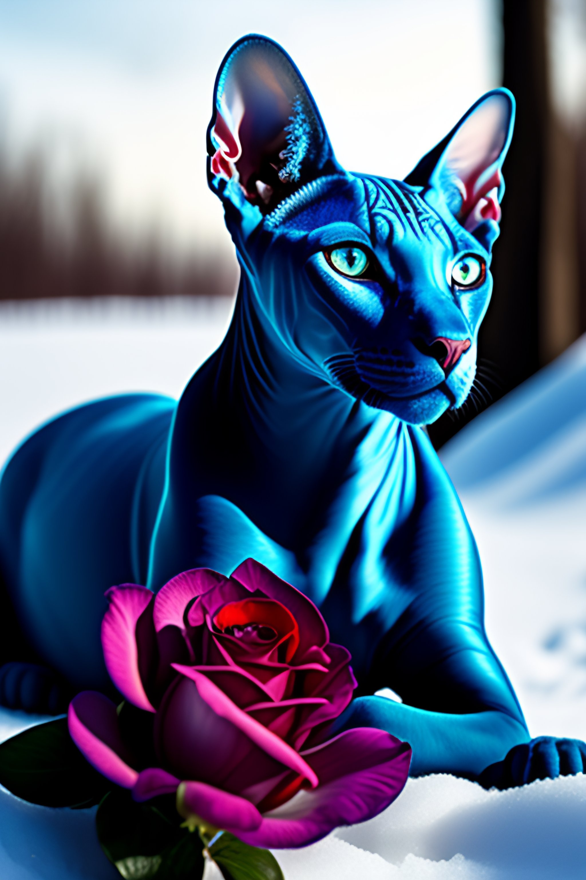 Lexica - Sphynx and blue roses on the snow