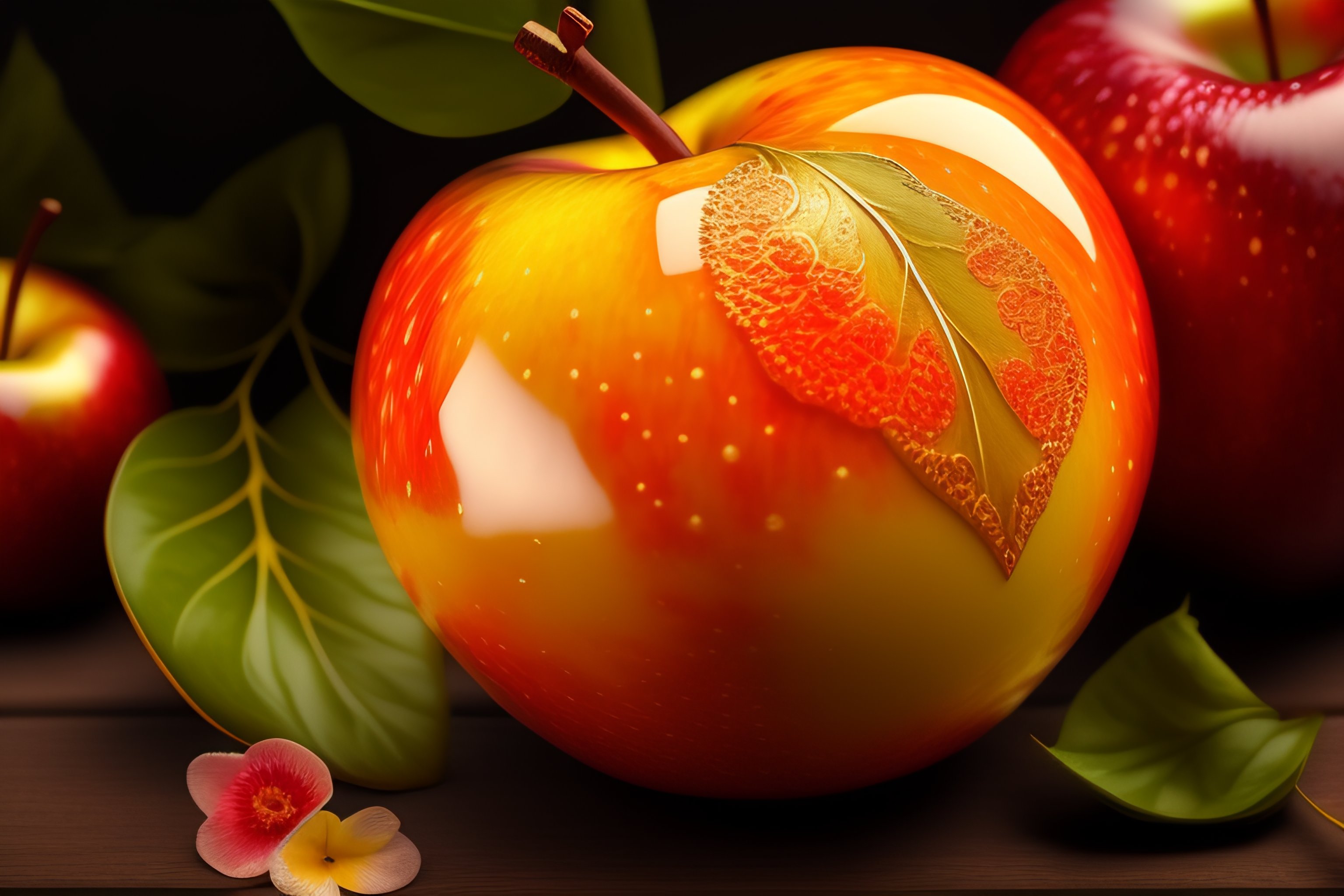 Lexica - Photo realistic image of golden apple painted in floral pattern