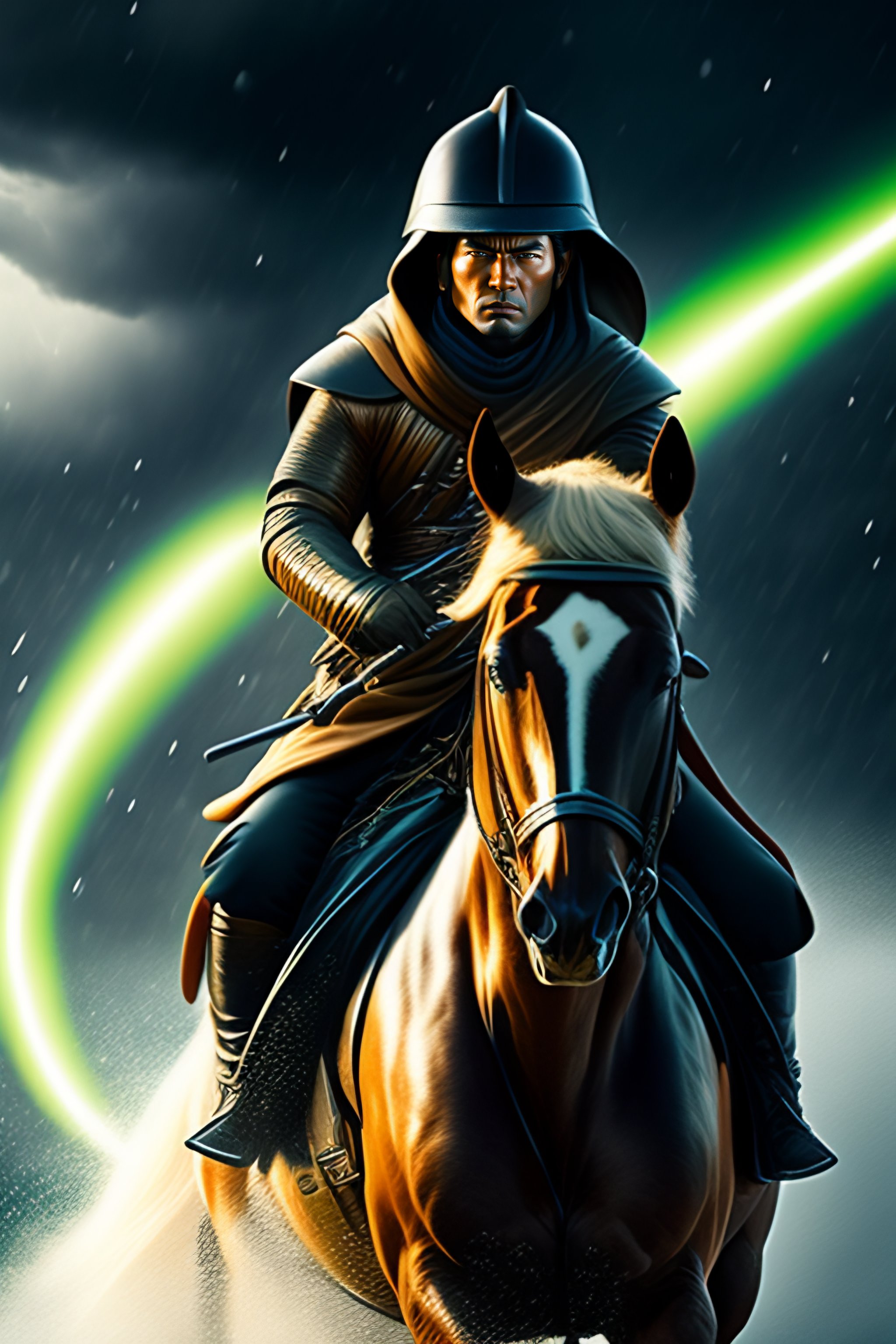 Lexica - Yoda on a horse holding a katana, in a storm, dramatic ...