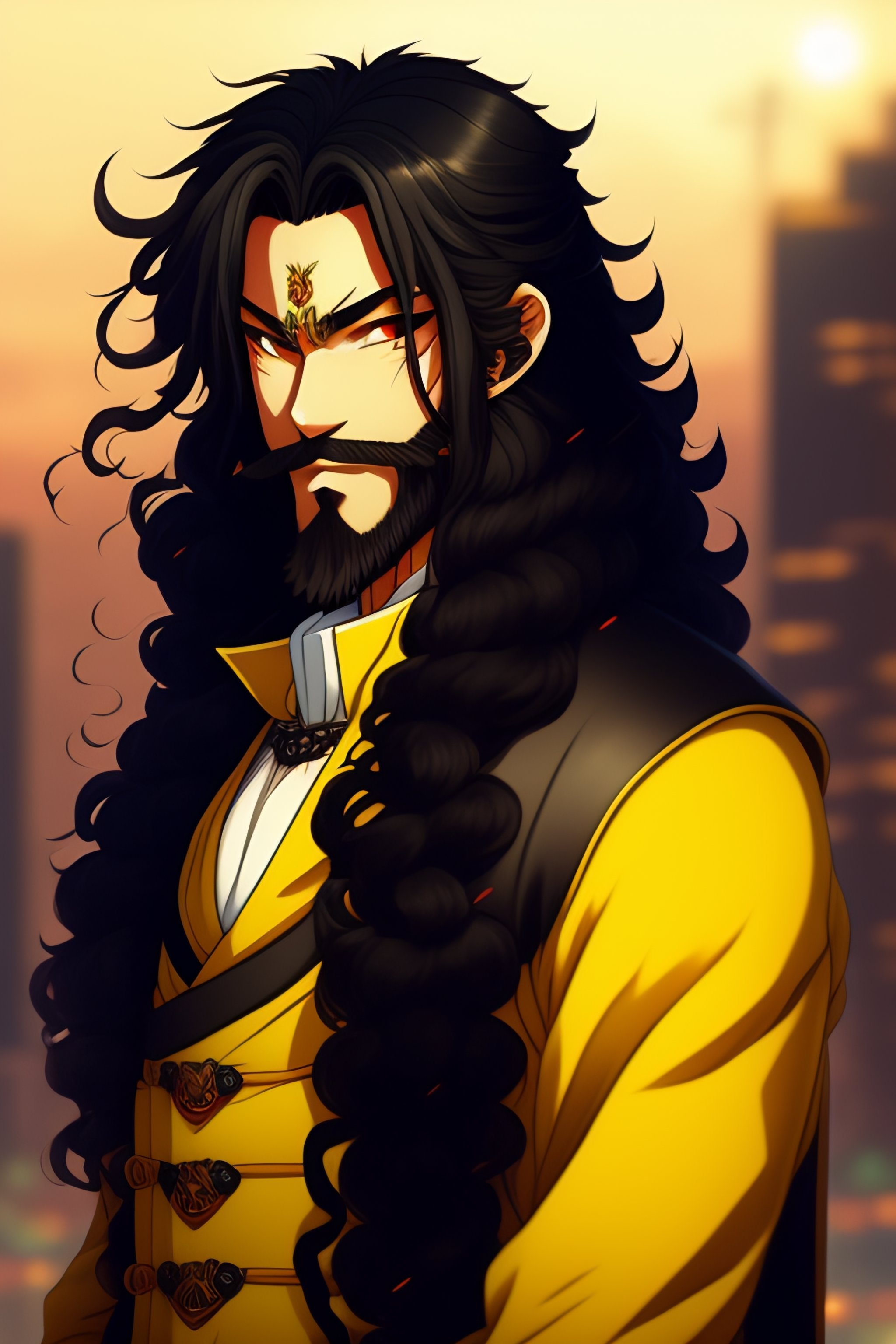 Lexica - Anime warrior king, 42 years old, black long hair, long curly  hair, having a short go tee ,yellow eyes, full beard perfectly trimmed,  wearin