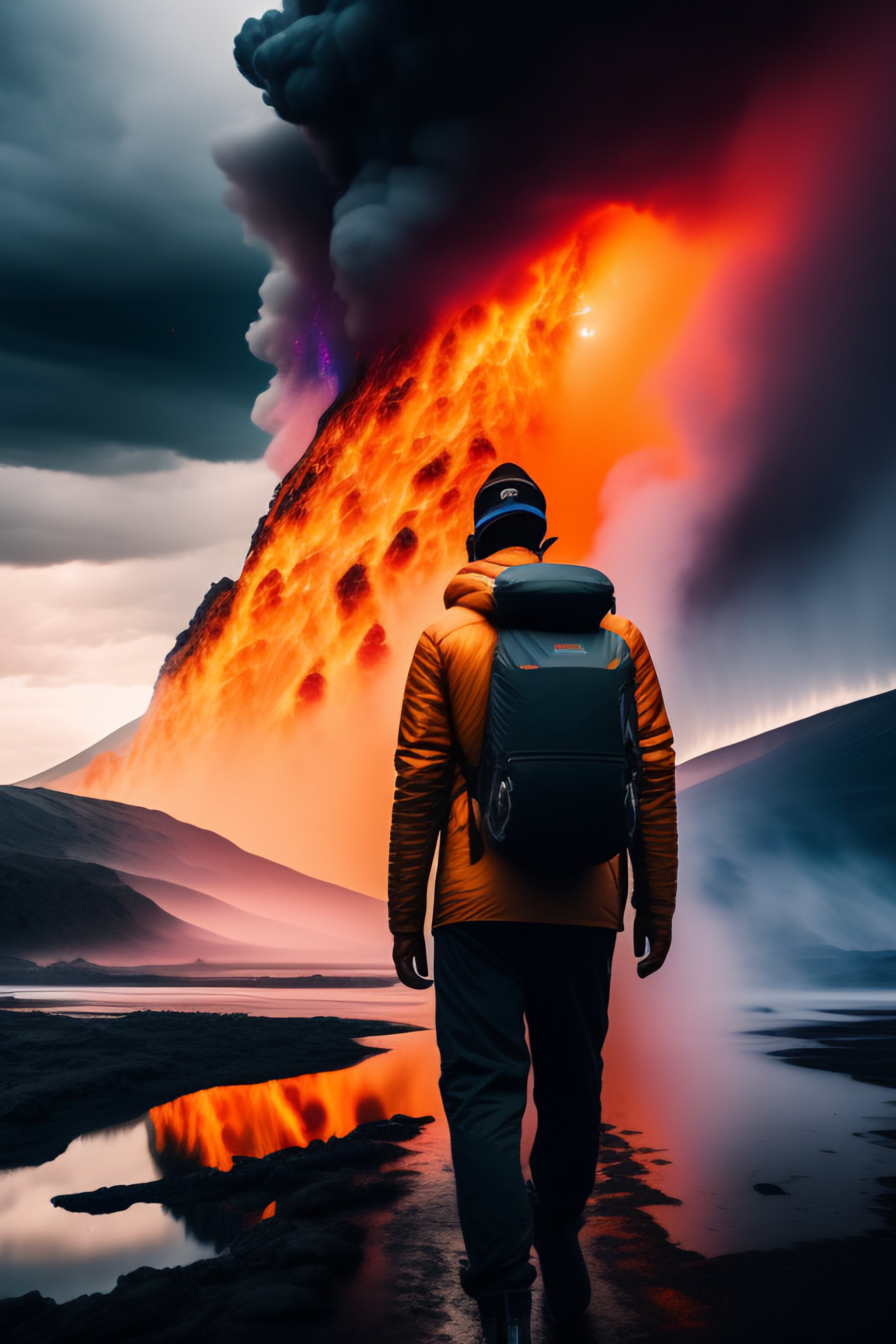 Lexica - Man seen from behind with a backpack ready to cross a river of ...